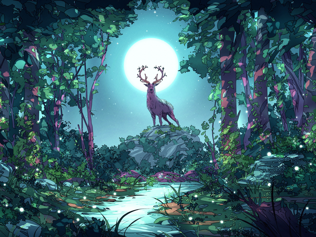 Wallpaper deer at forest, moon night, art desktop wallpaper, HD image, picture, background, 8ab0ea