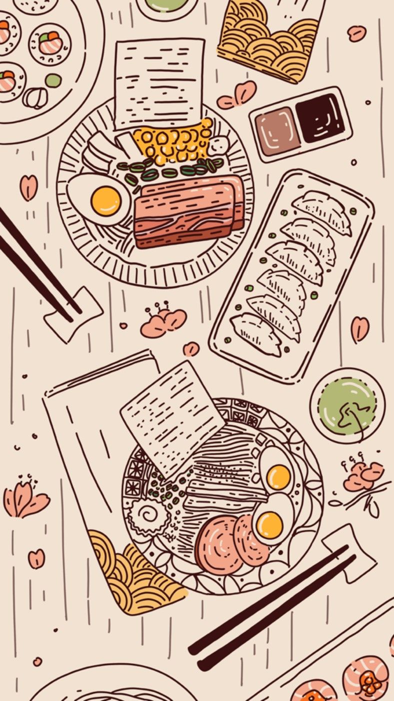Free Art of Japanese cuisine including Ramen and Gyoza. Cute wallpaper, Japanese wallpaper iphone, Kawaii wallpaper