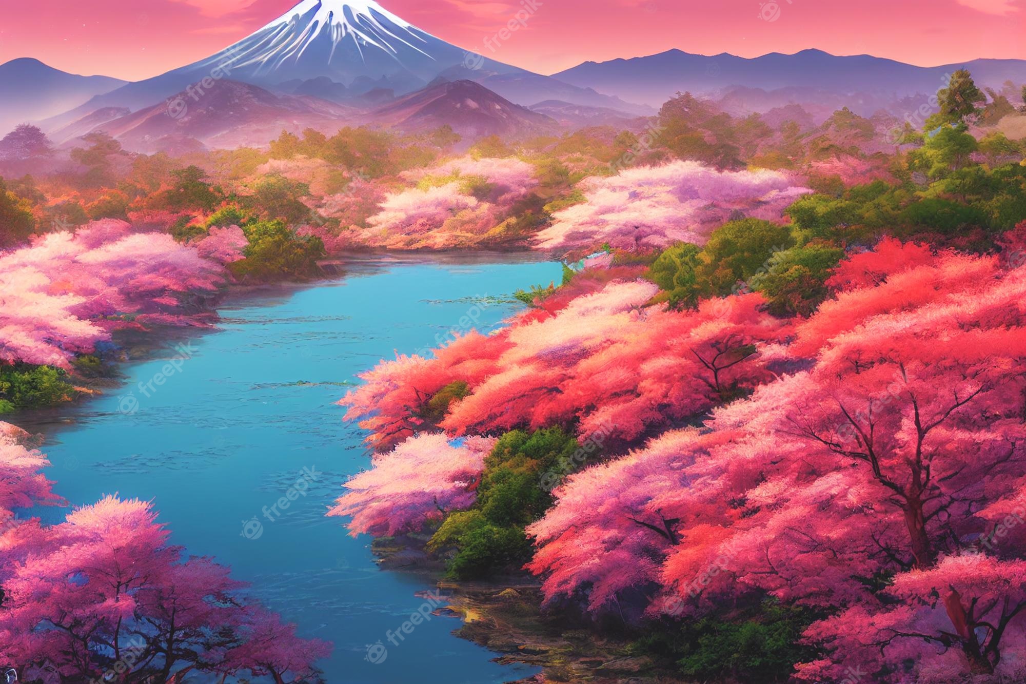 Premium Photo. Japan anime scenery wallpaper featuring beautiful pink cherry trees and mount fuji in the background