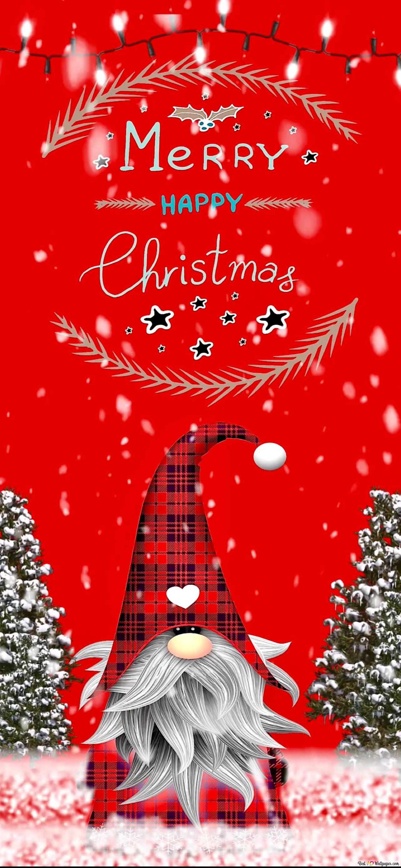 Snowy pine trees and Merry Christmas lettering on red card designed for new year celebration HD wallpaper download