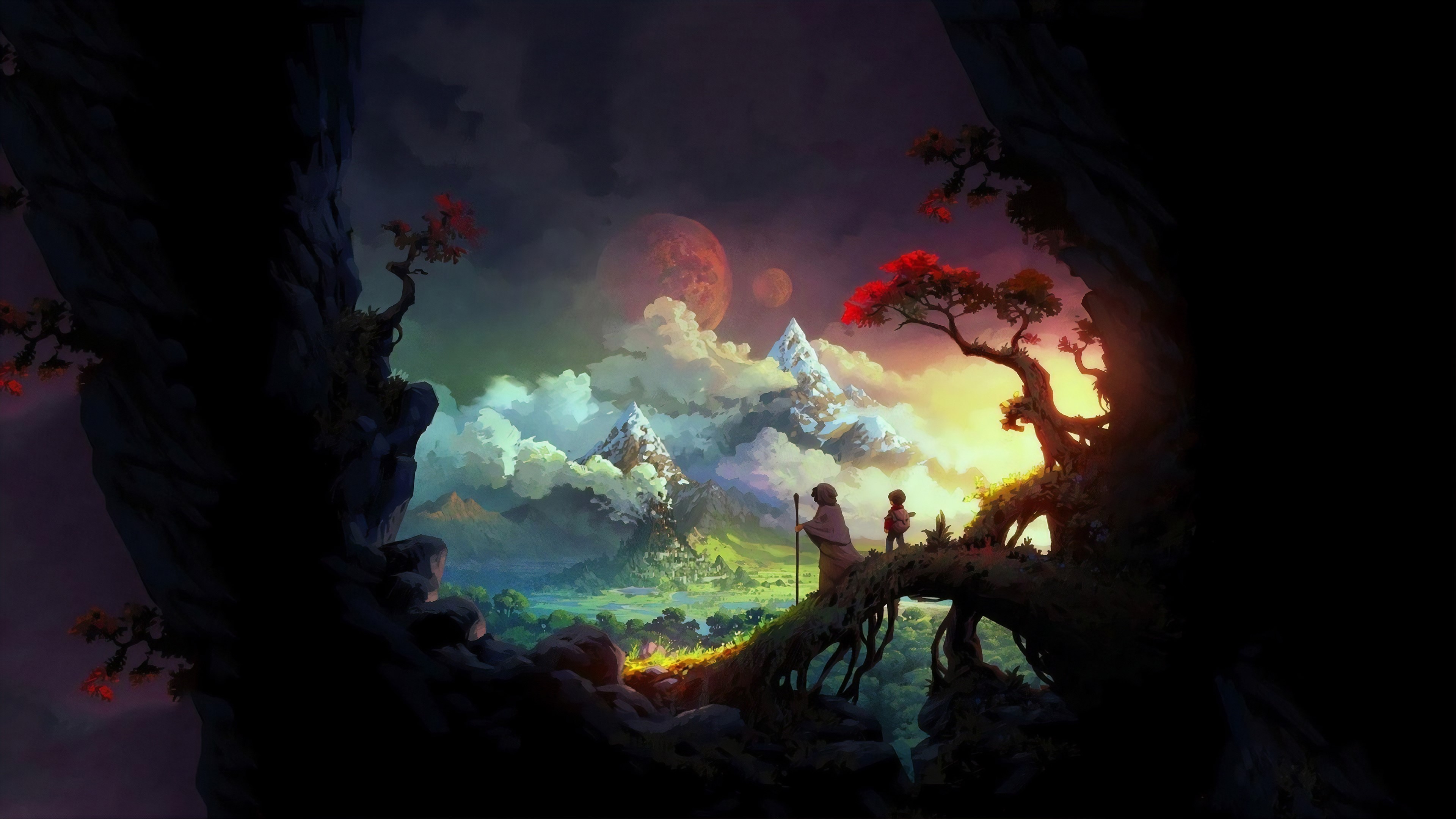 4K, children, trees, digital painting, dark, painting, artwork, dusk, concept art, silhouette, Sun, sun rays, illustration, digital, outdoors, world, mountains, fantasy art, nature, people, sunset, drawing, environment, digital art, clouds