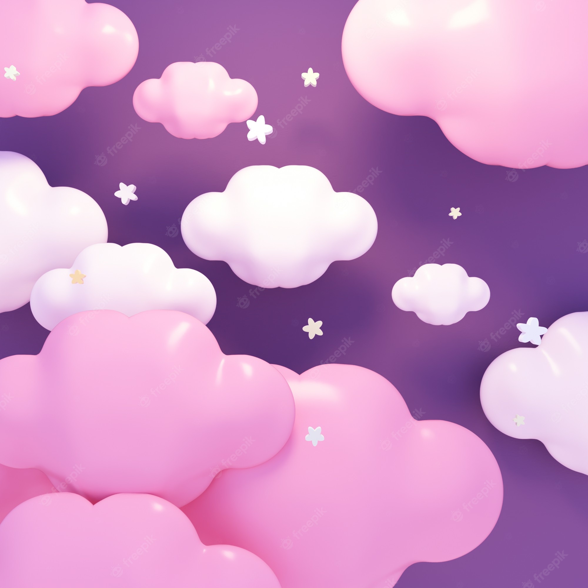Premium Photo. Kawaii purple clouds and stars at night 3D rendered picture
