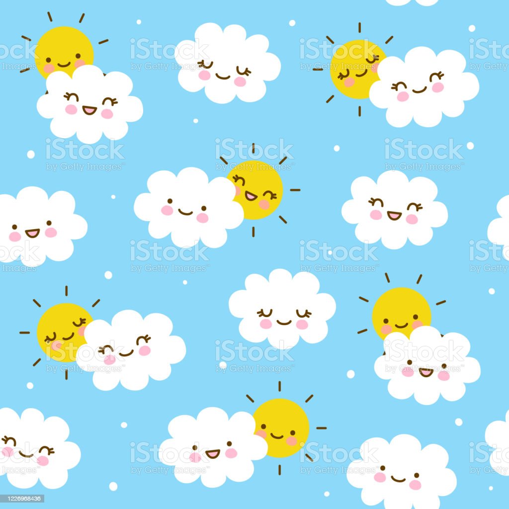 Seamless Pattern With Cute Little Clouds With Sun On Blue Sky Kawaii Background For Kids Textile Design Stock Illustration Image Now