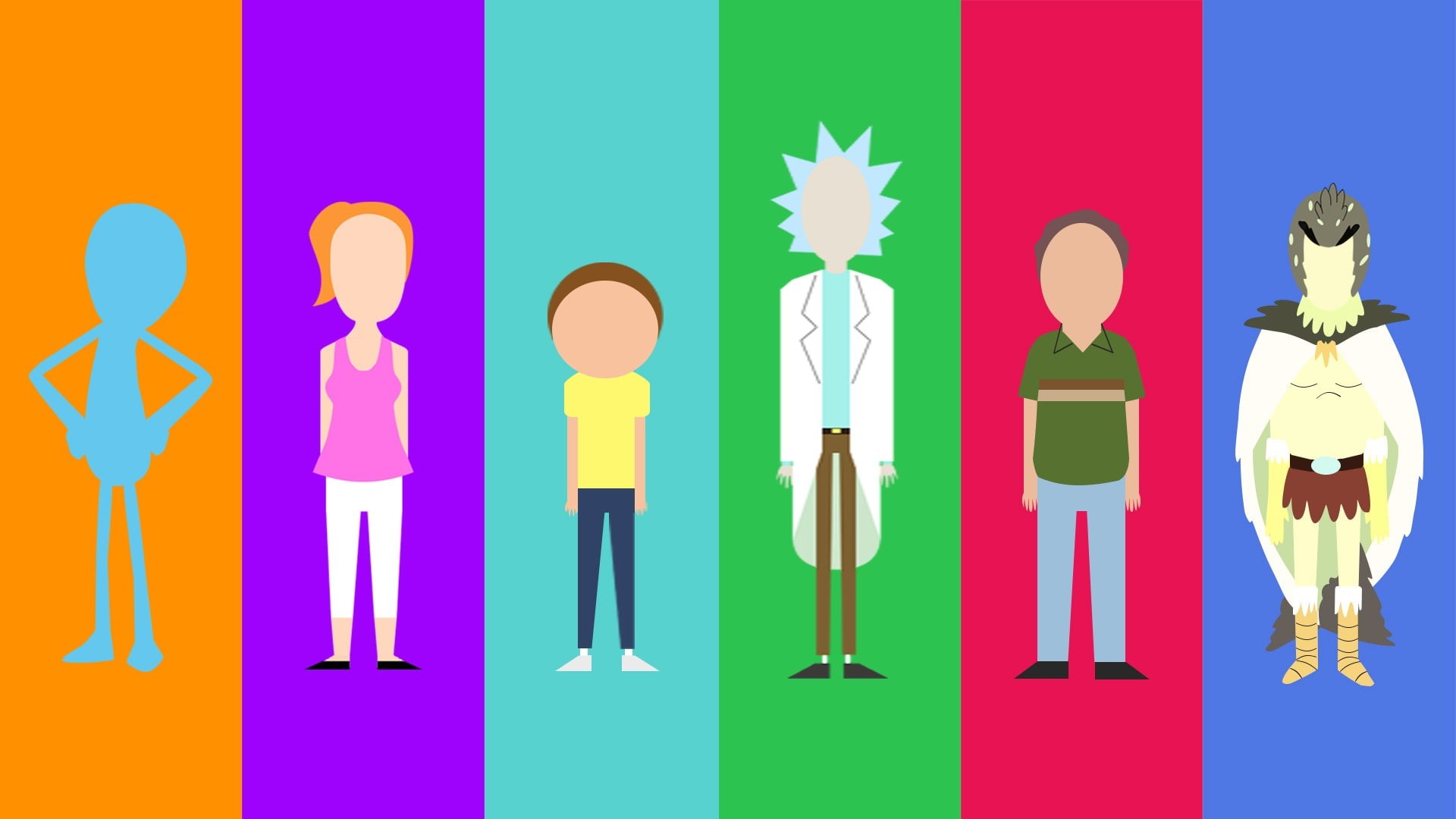 Wallpaper / Rick and Morty, minimalism, cartoon, Summer Smith, Rick Sanchez, Morty Smith, Jerry Smith, 1080P, Mr. Meeseeks, Bird Person free download