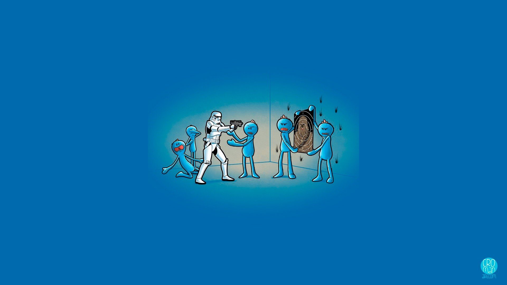 Wallpaper, 1920x1080 px, blue, Chewbacca, humor, Mr Meeseeks, Rick and Morty, Star Wars, stormtrooper 1920x1080