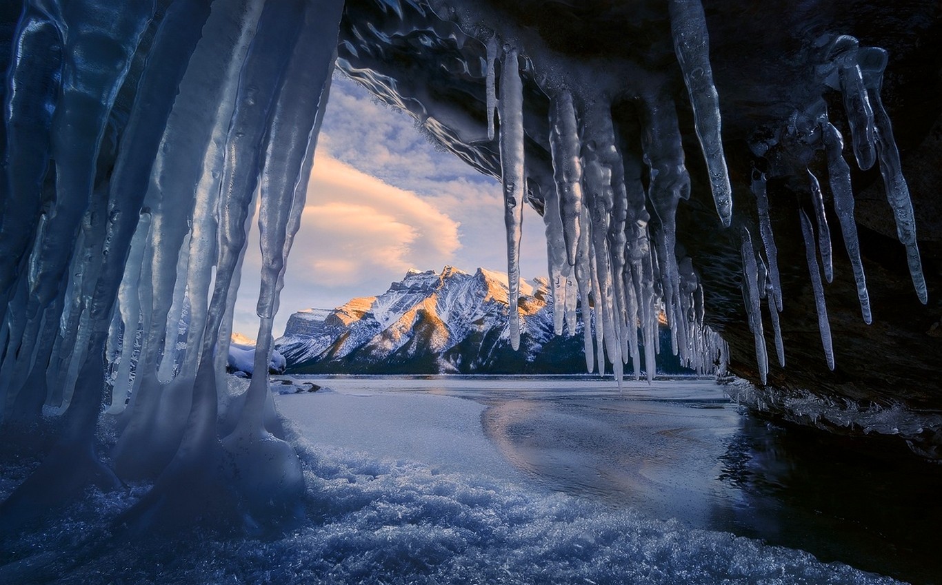 Wallpaper, landscape, mountains, waterfall, lake, nature, reflection, sky, snow, winter, snowy peak, Canada, Banff National Park, icicle, Freezing, Formation, season, water feature, ice cave 1366x849
