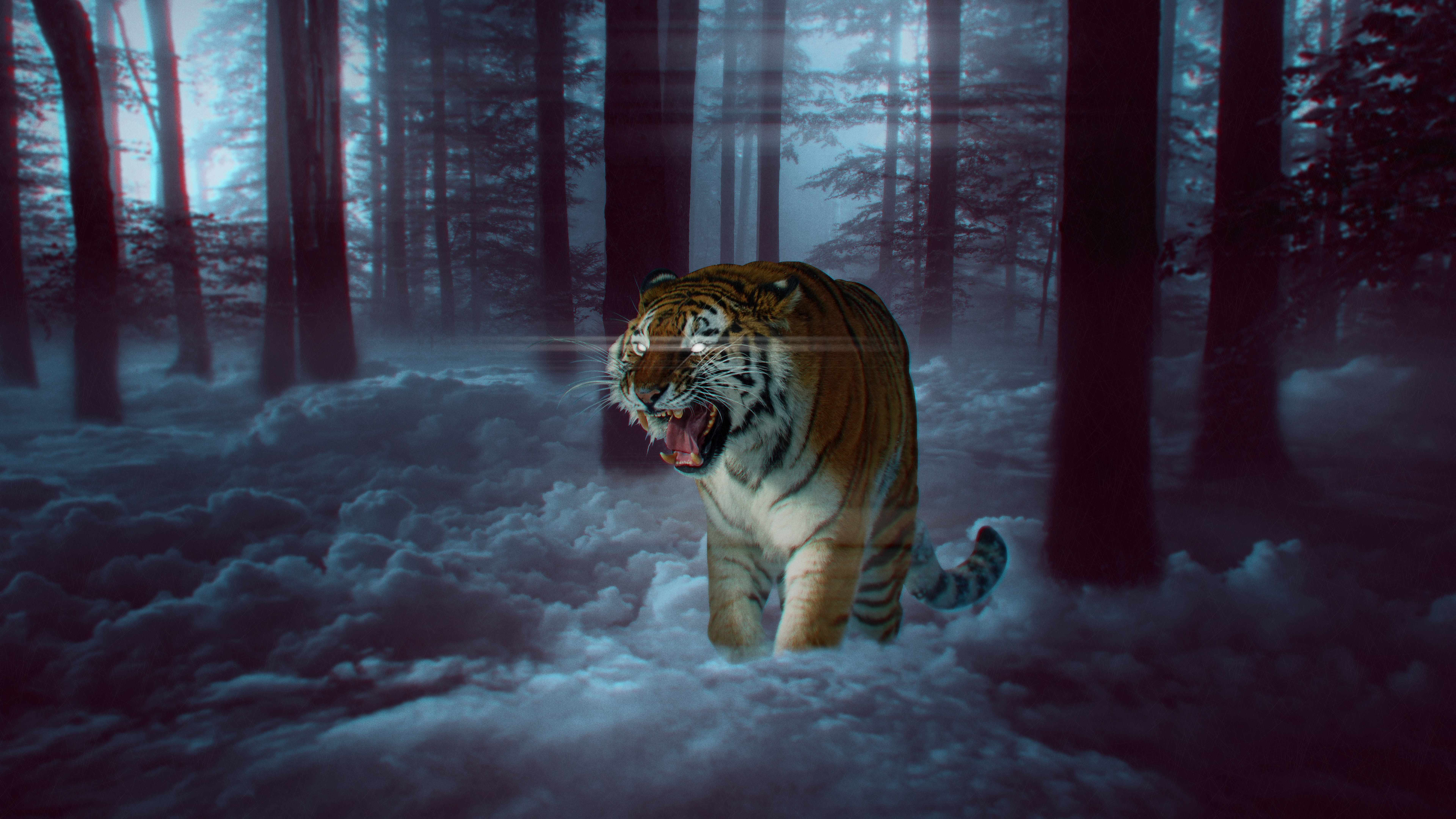 Surreal, Forest, 4K, Fantasy, Tiger, 8K, Predator
