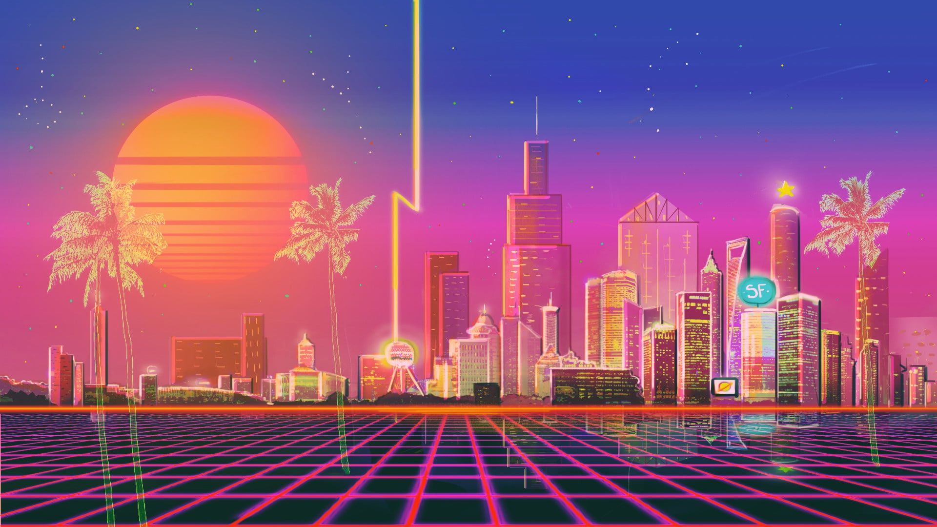 The sun, Music, The city, Style, Background, 80s wallpaper, Neon, Illustration. City wallpaper, City background, Cityscape wallpaper