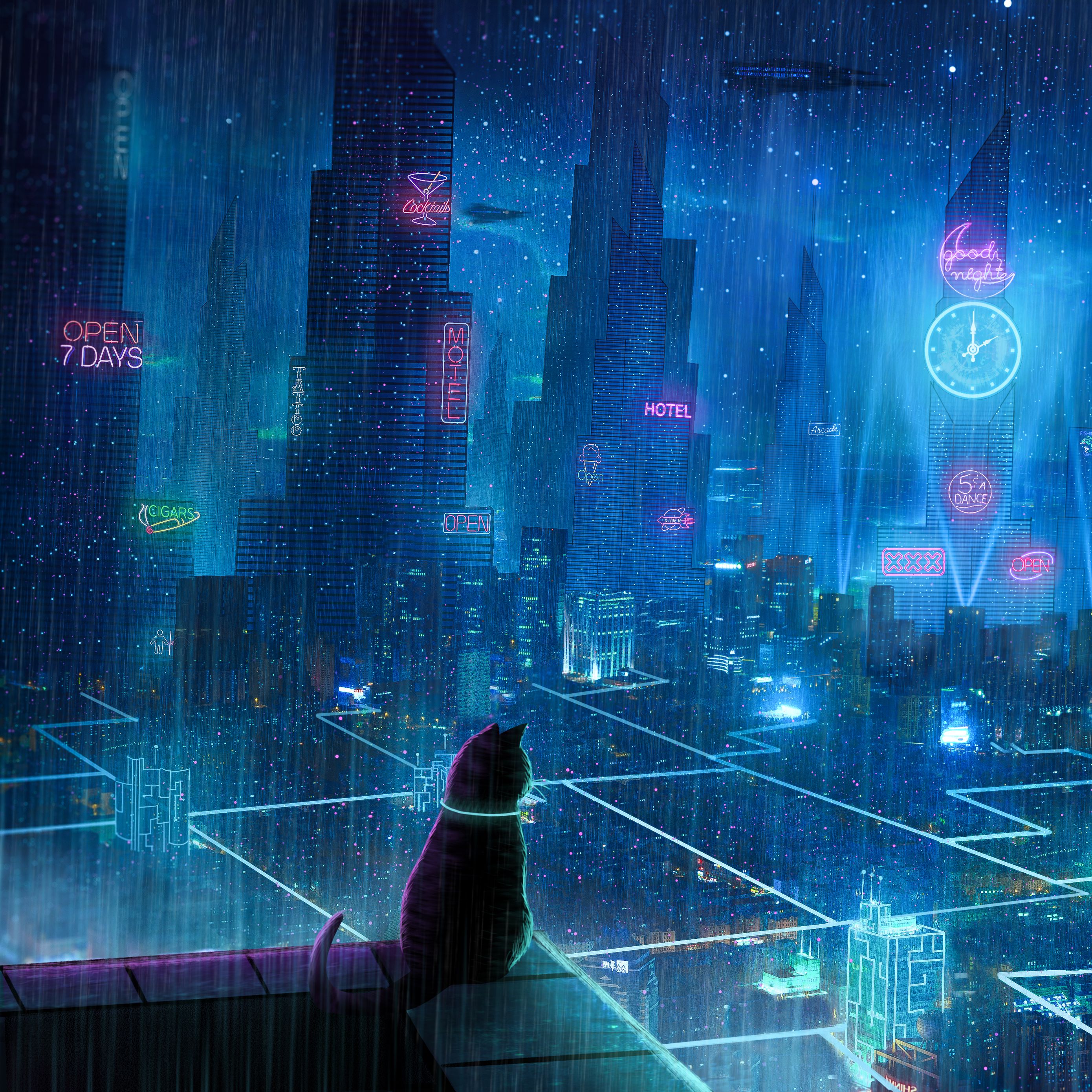 Download wallpaper 2780x2780 cat, roof, city, neon lights, metropolis, future, cyberpunk ipad air, ipad air 2, ipad 3, ipad 4, ipad mini 2, ipad mini 3, ipad mini 4, ipad pro 9.7 for parallax HD background