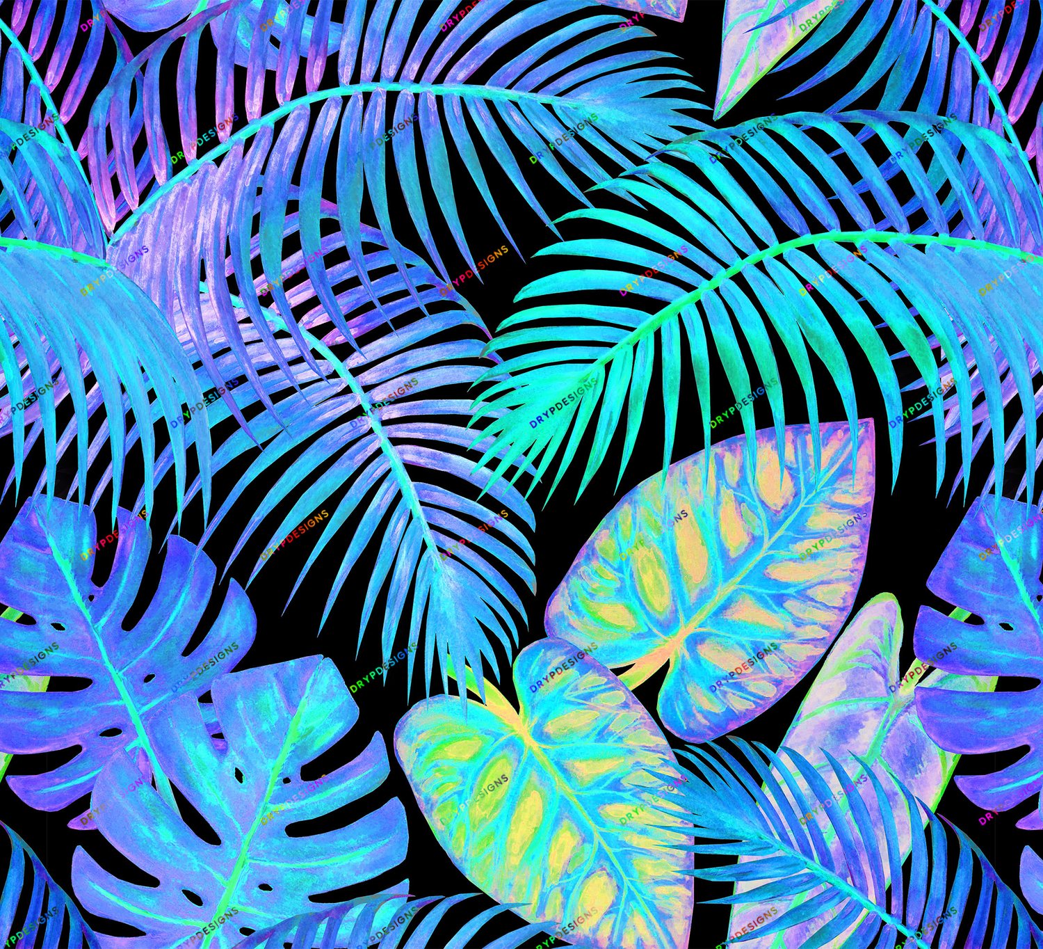 Holographic Neon Tropical Plants Seamless Background