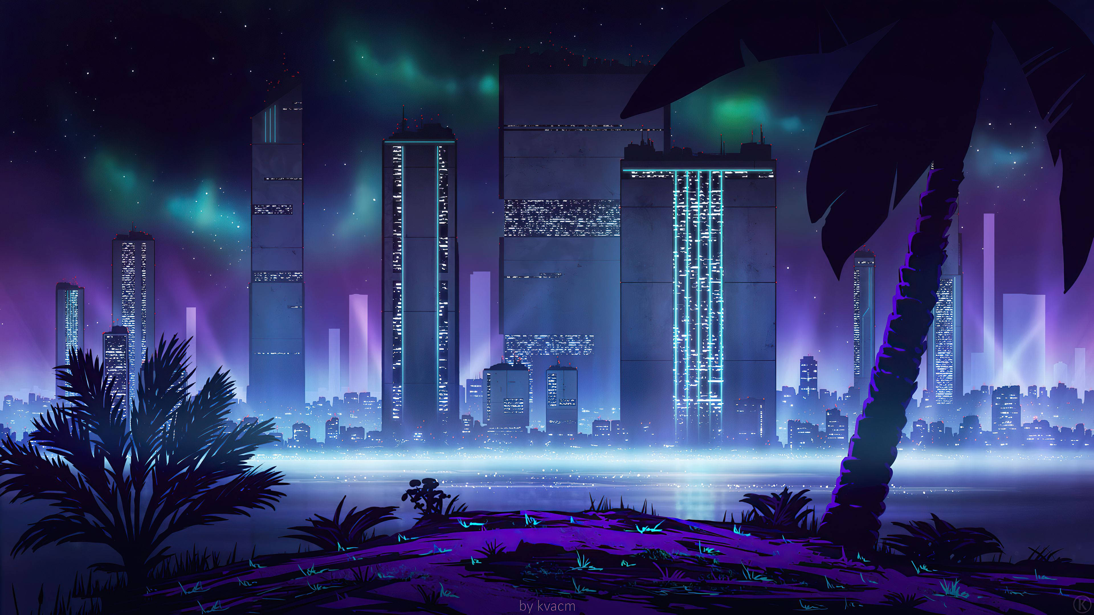 Download Tropical City Aesthetic Purple Neon Computer Wallpaper