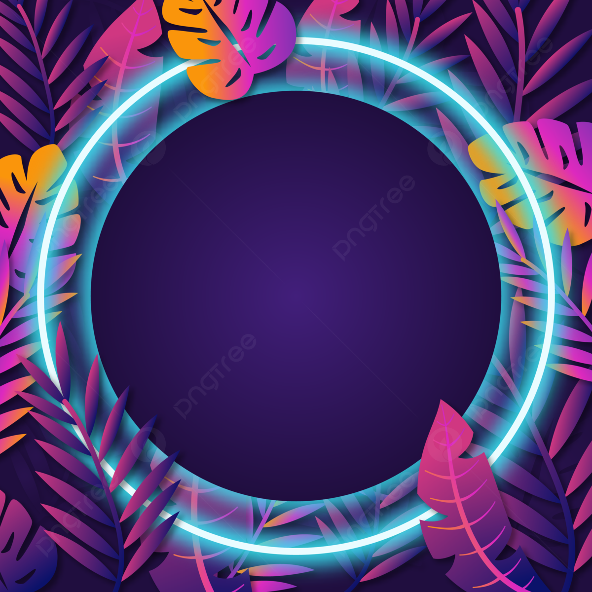 Tropical Neon With Leaves And Circle Background, Free Banner, Tropical Neon Leaves, Tropical Background Image And Wallpaper for Free Download