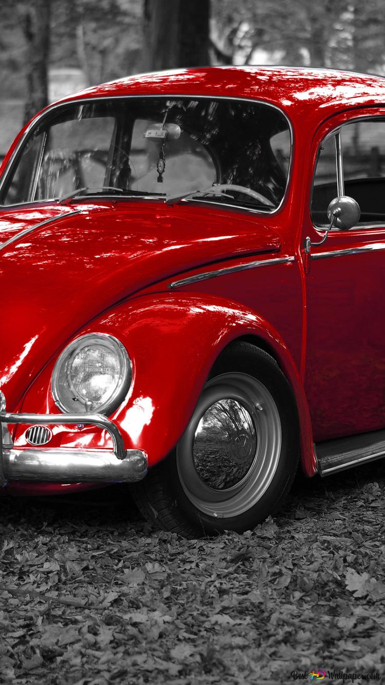 Red volkswagen beetle, vw, bug, vintage black and white background 2K wallpaper download
