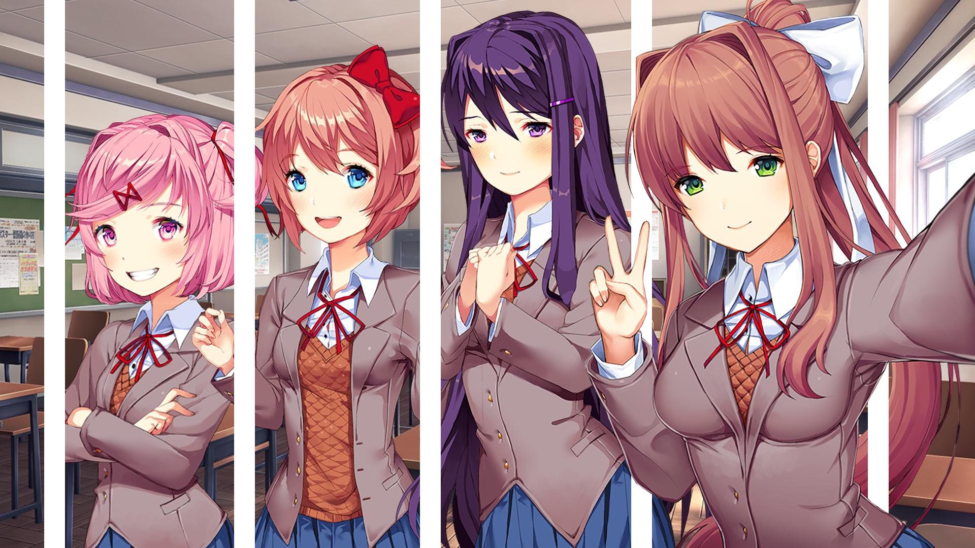 Wallpaper / Monika (Doki Doki Literature Club), Yuri (Doki Doki Literature Club), Sayori (Doki Doki Literature Club), Natsuki (Doki Doki Literature Club), Doki Doki Literature Club, school uniform, anime girls