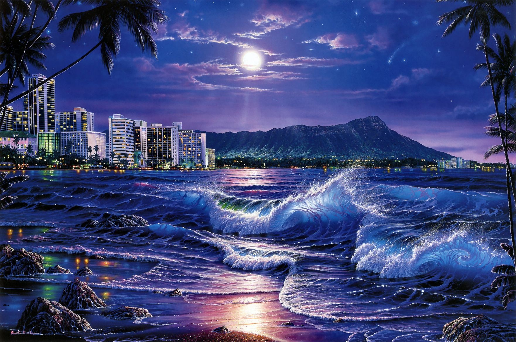 Wallpaper, sea, waves, city, night, beach, Moon, stars, painting, ART 1762x1170