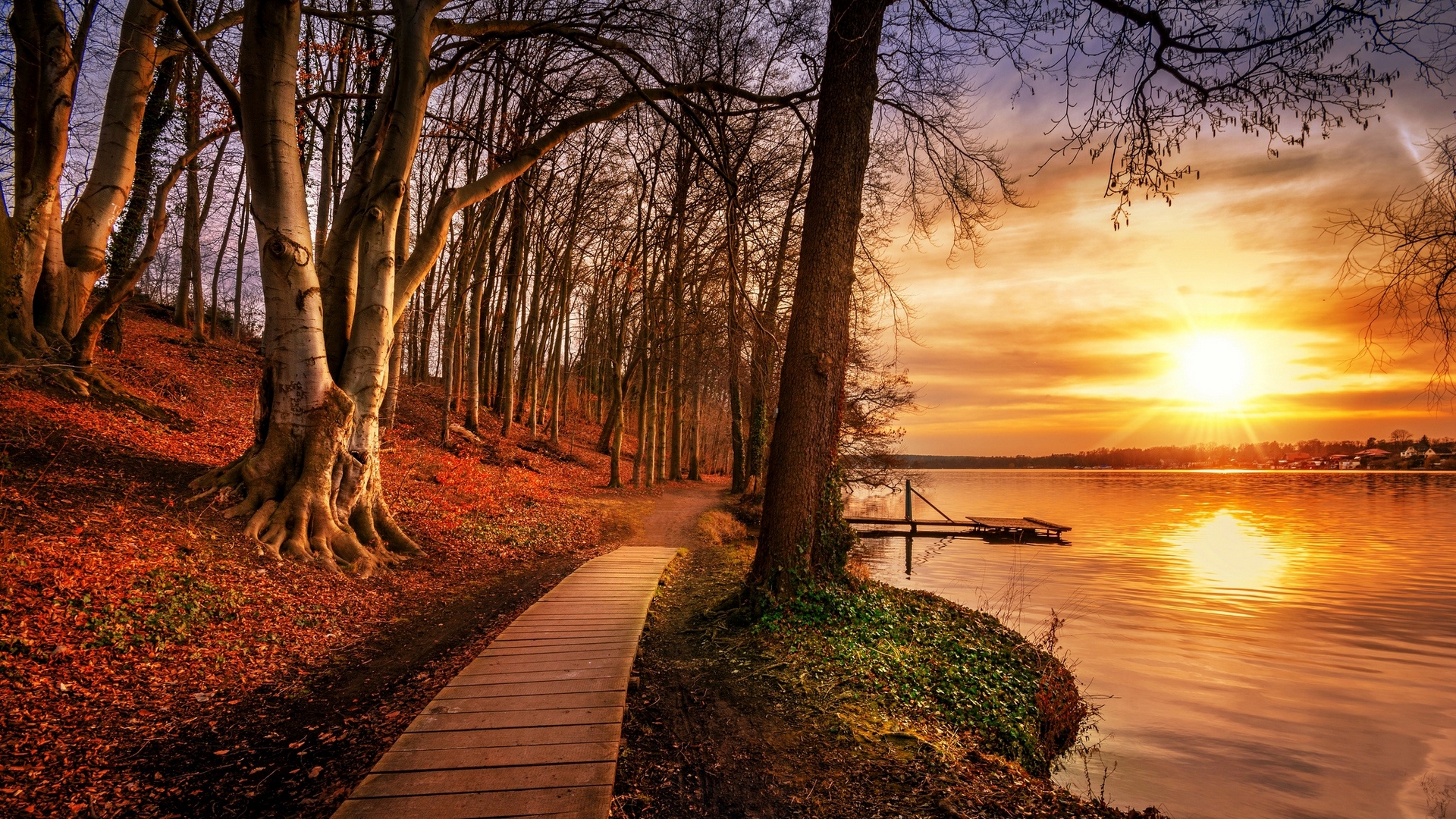 Wallpaper / fall, autumn, beautiful, river, sunset, reflection, foliage, lake, pier free download