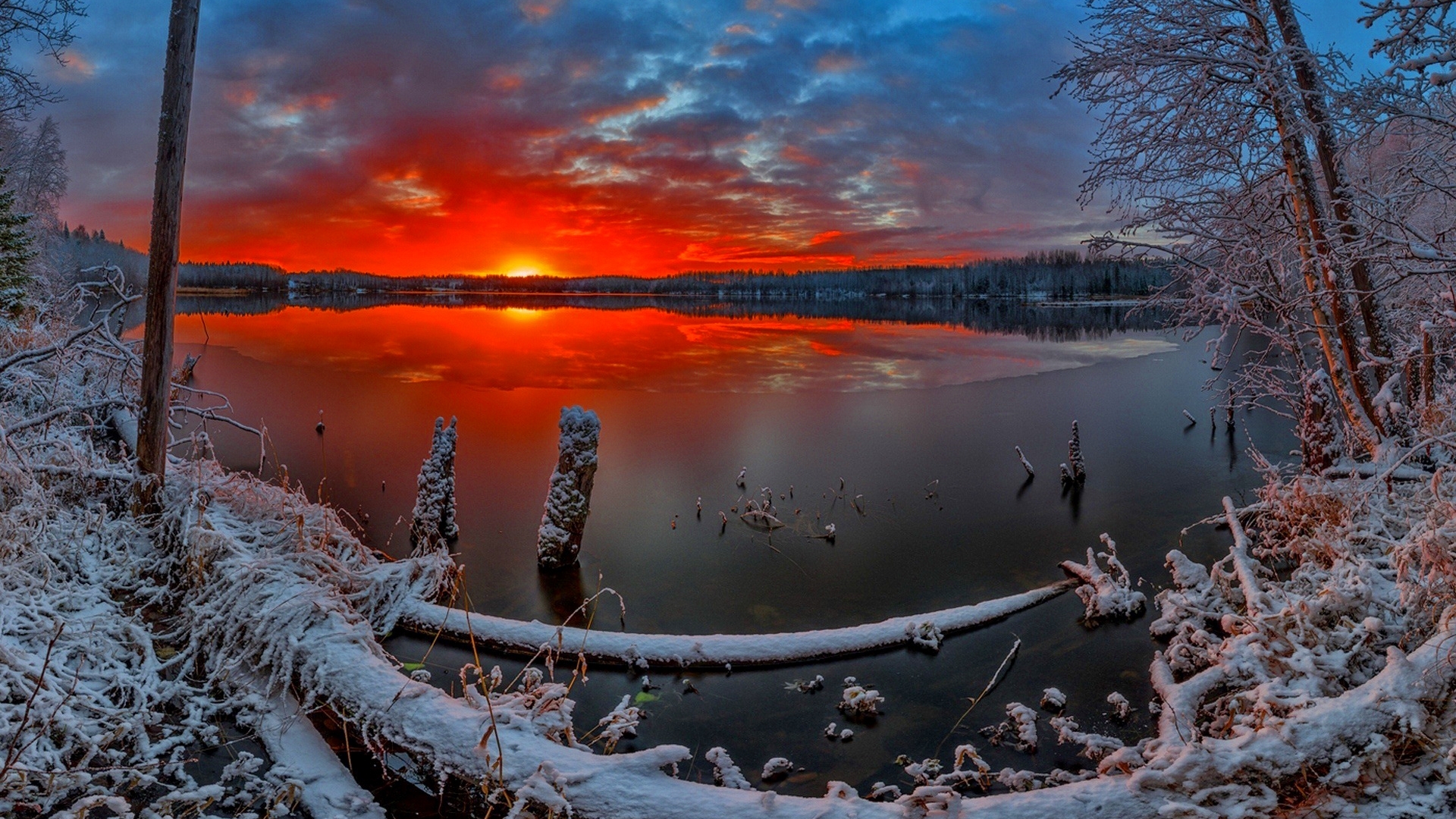 dusk, beautiful, sunset, sky, lake, winter, serenity, snow, ice, river, reflection, frost Gallery HD Wallpaper