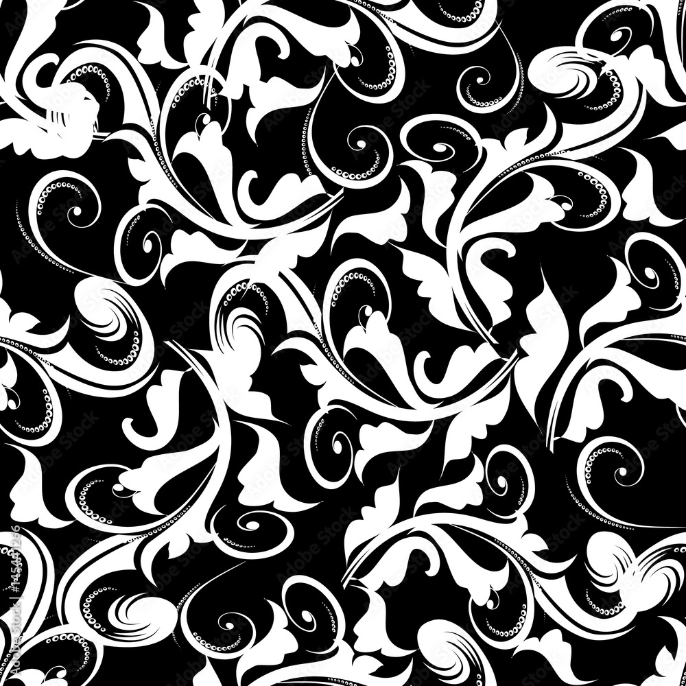 Floral damask seamless pattern. Black vector background wallpaper illustration with hand drawn white flowers, swirl leaves and antique ornaments in Baroque Victorian style. Stock Vector