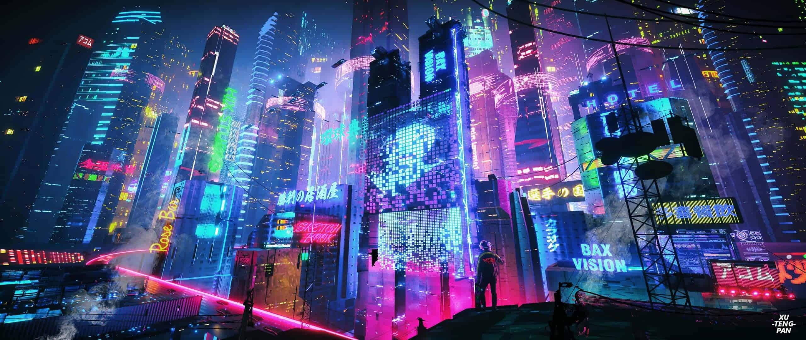 Download Aesthetic Purple Neon Computer View Of Megacity Wallpaper