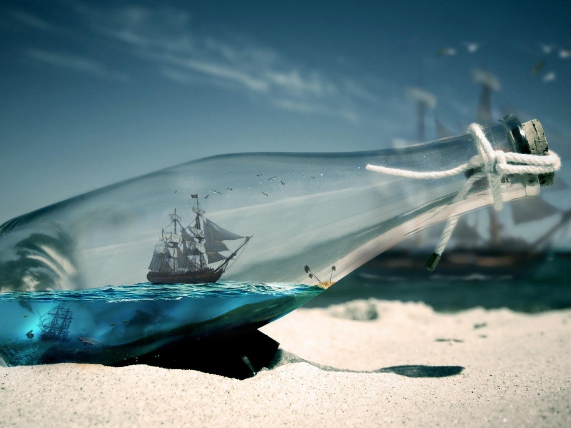 A journey in a bottle on a ship wallpaper