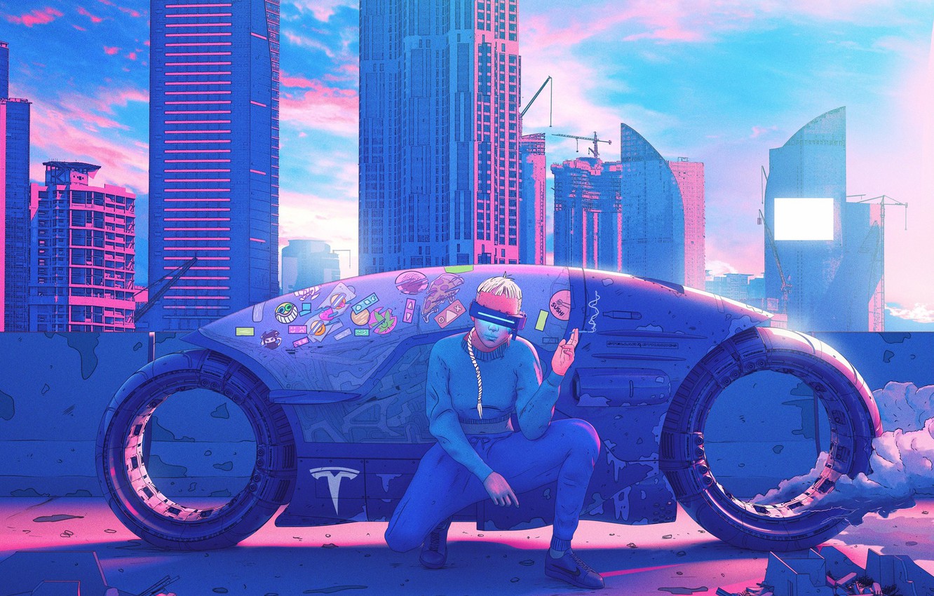 Wallpaper Figure, Future, People, Machine, Style, Building, Car, Art, Art, Illustration, Transport, Cyberpunk, Mecha, Nick Sullo, by Nick Sullo, MEGA CITY - for desktop, section фантастика