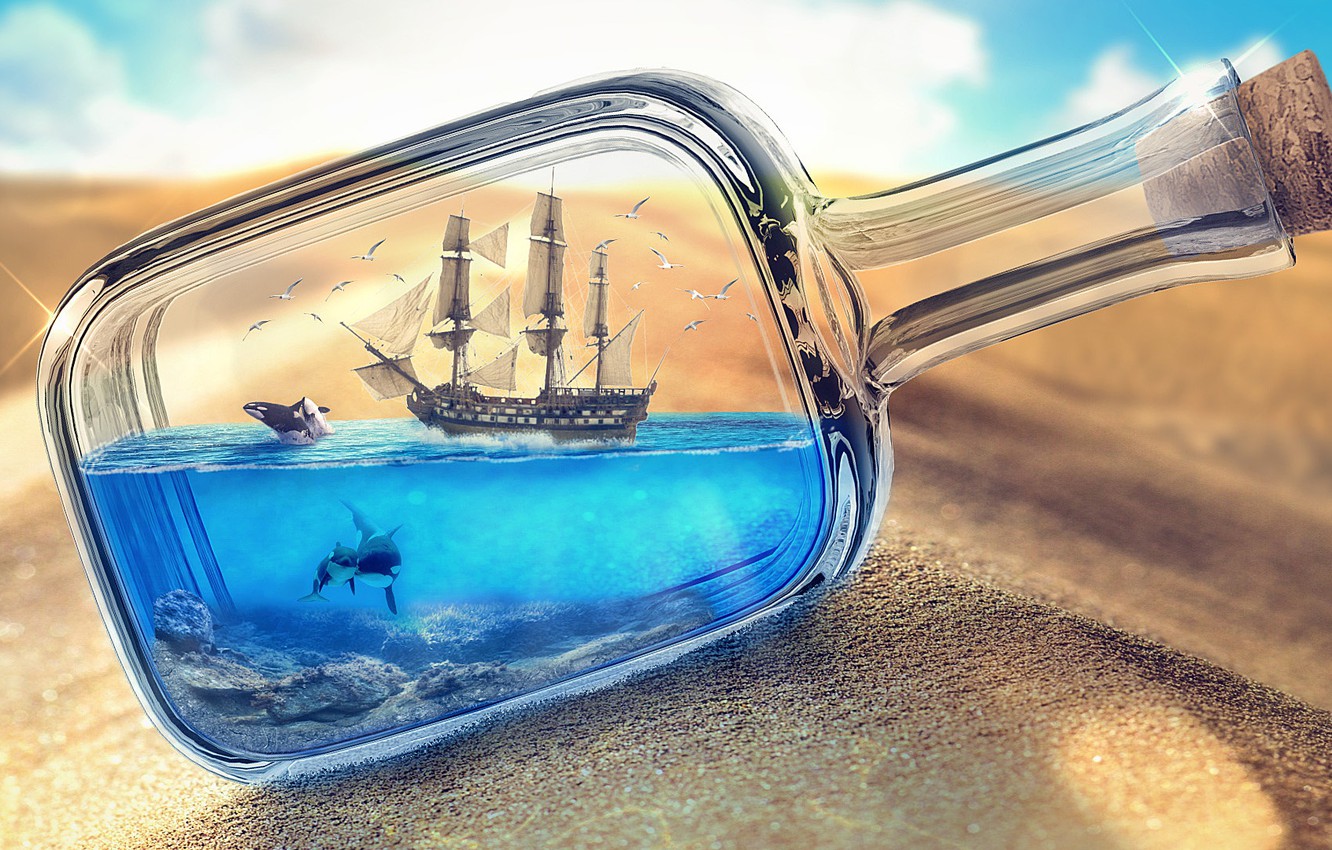 Wallpaper sand, sea, desert, ship, bottle, photoart, ship in a bottle, sea in the bottle image for desktop, section разное