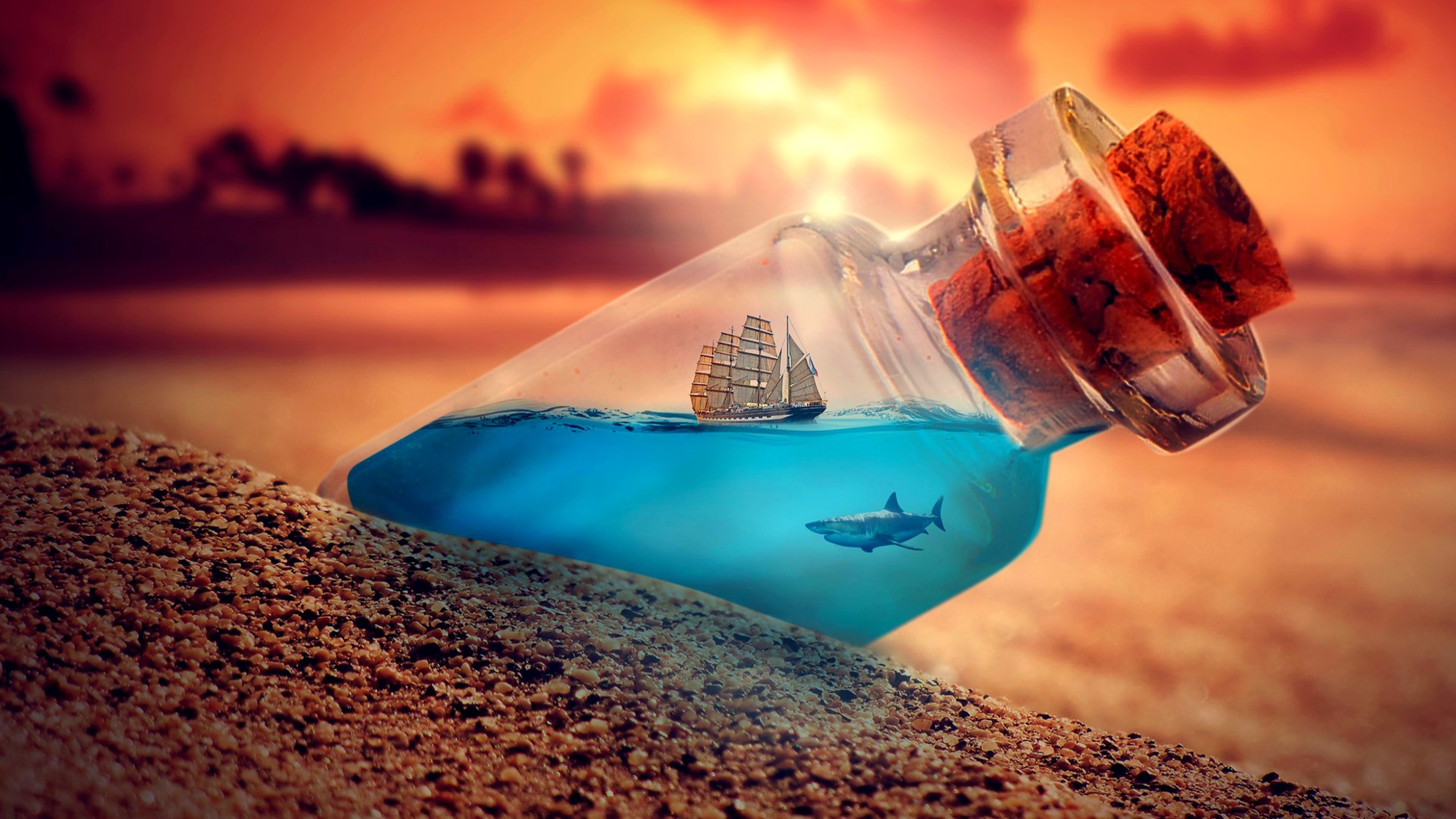 Ship & Shark Inside Jar Creative Wallpaper- HD 4K