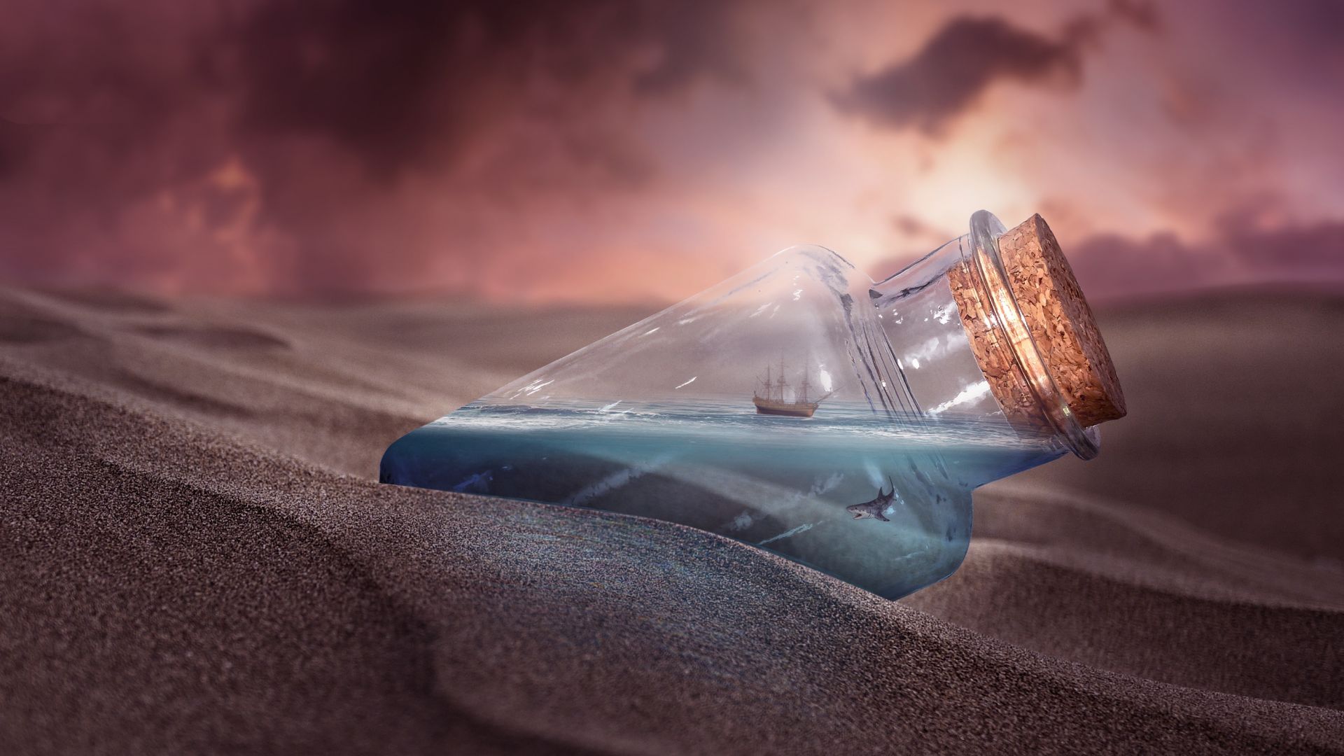 Desktop Wallpaper Bottle, Ship, Sand, Fantasy, HD Image, Picture, Background, V0ubsi