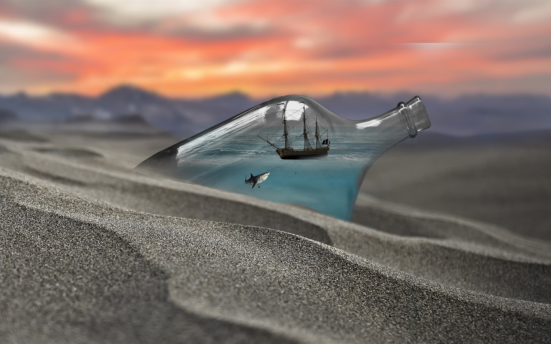 Wallpaper Bottle, shark, ship, beach, creative picture 1920x1200 HD Picture, Image