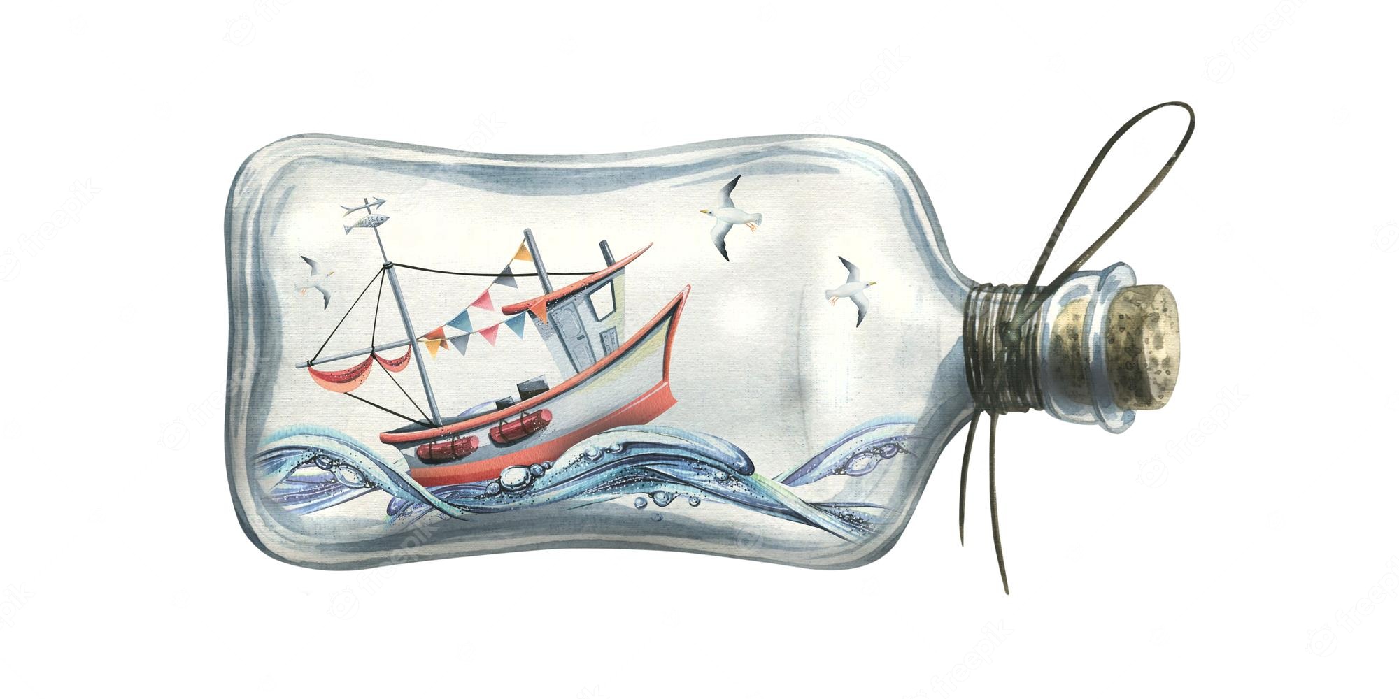 Premium Photo. Watercolor illustration of a fishing boat in the water with seagulls inside a glass bottle for the design and decoration of postcards posters banners spas wallpaper souvenirs