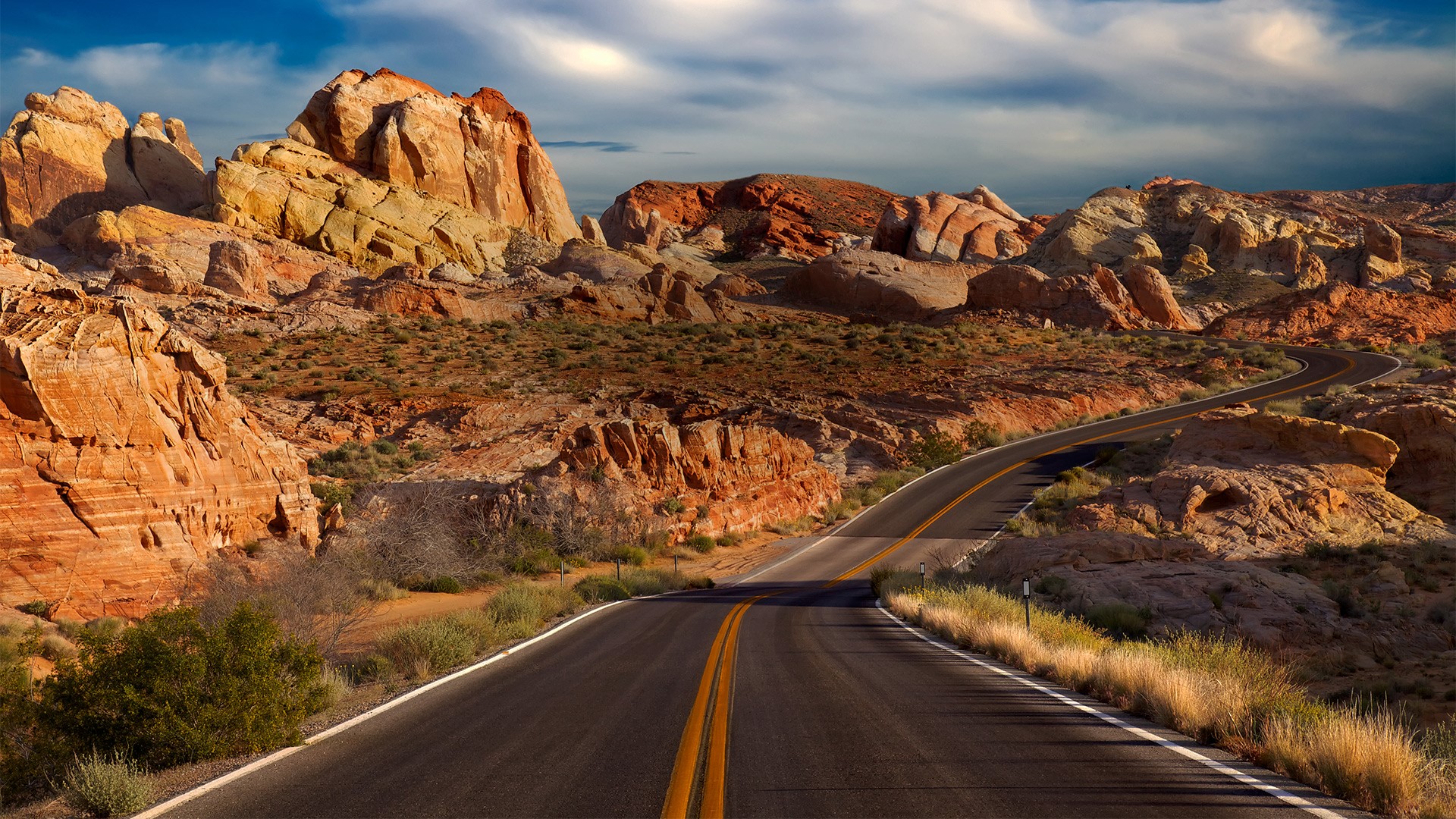 Wallpaper / road, clouds, nature, landscape, plants, mountains, hairpin turns, sky, desert, Valley of Fire State Park, Nevada, USA free download