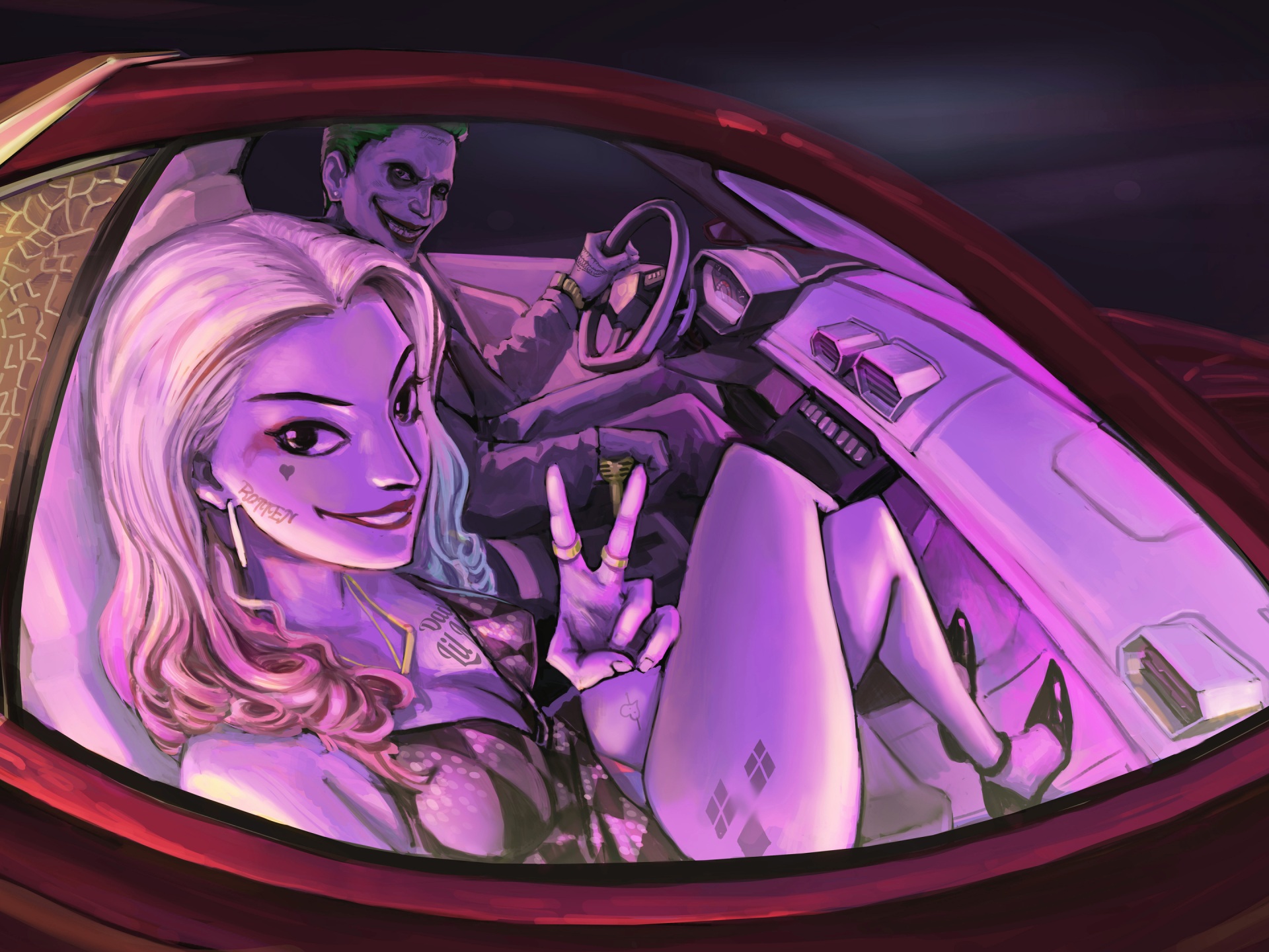 Wallpaper 4k Joker And Harley Quinn In The Car Artwork 4k Wallpaper