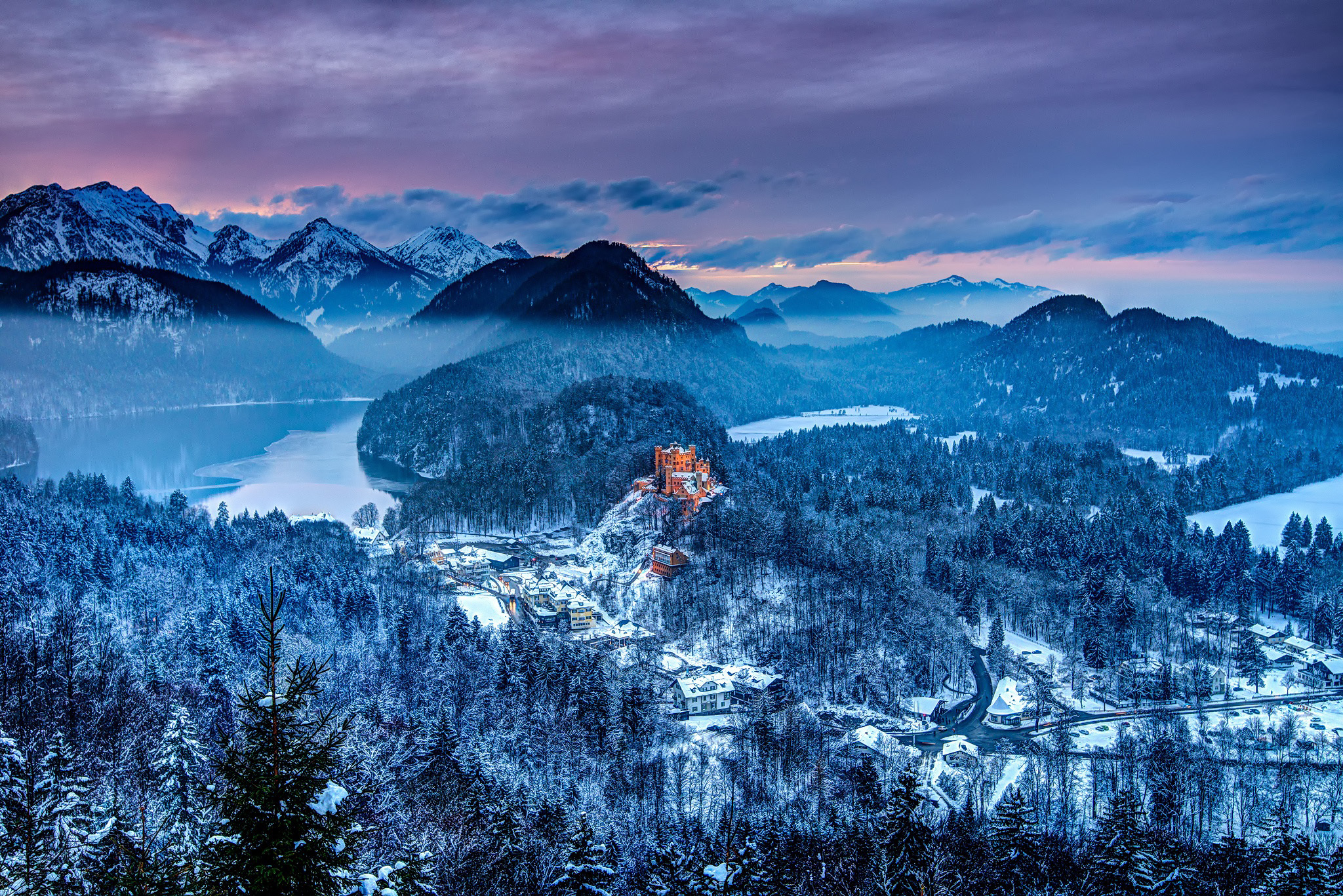 Wallpaper, landscape, mountains, nature, snow, winter, morning, Germany, panorama, wilderness, Alps, summit, weather, season, computer wallpaper, mountainous landforms, geographical feature, geological phenomenon, mountain range, hohenschwangau castle