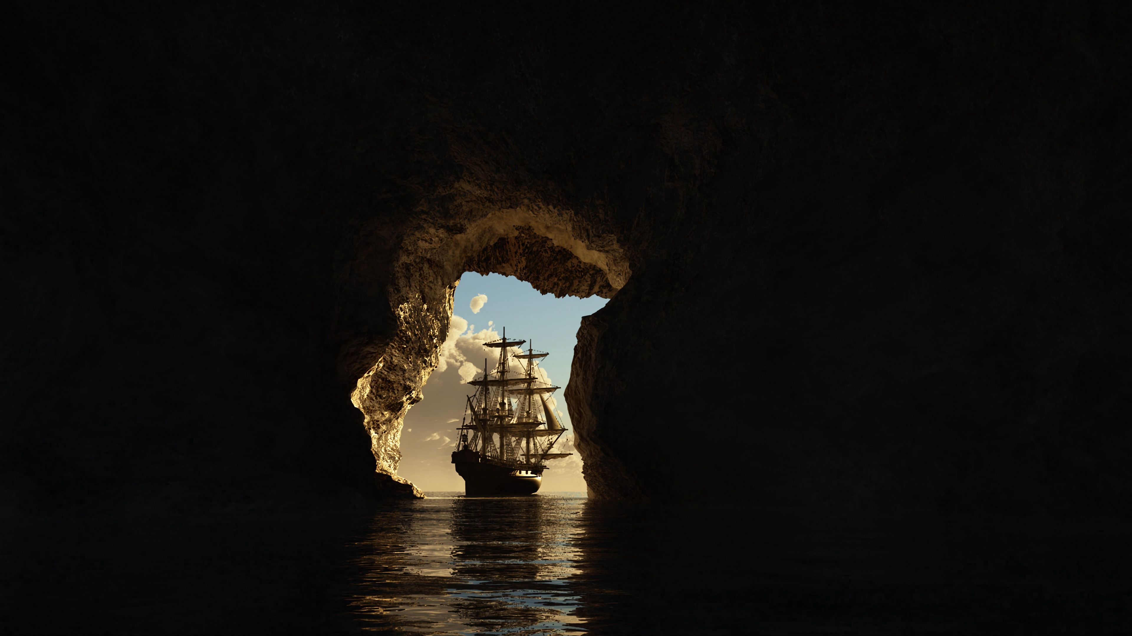 Wallpaper / cave, ship, sea, art, dark, 4k free download