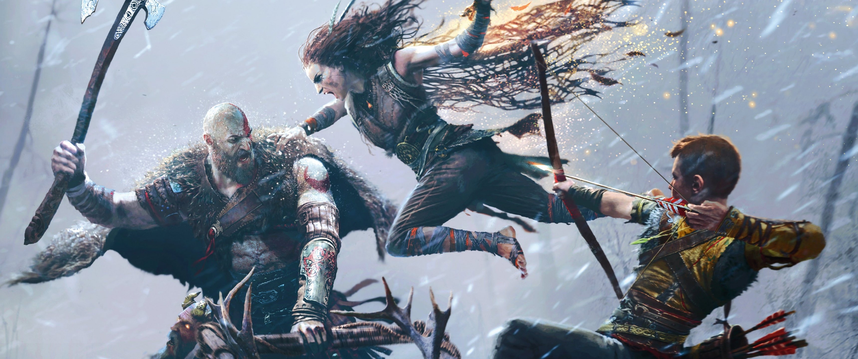 God of War Ragnarök Wallpaper 4K, Kratos, Freya, Atreus, Games