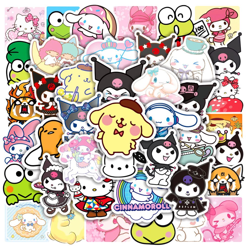 My Melody and Kuromi Stickers,50 PCs Cute Kawaii Mixed Stickers for Water Bottles ,Hello Kitty Kitty Stickers Cinnamoroll Pompompurin Keroppi Pochaco Kawaii Stickers for Kids Teens Girls