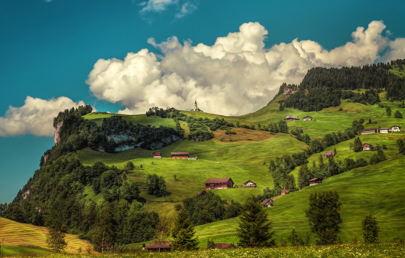 Wallpaper trees, mountains, home, Switzerland image for desktop, section пейзажи