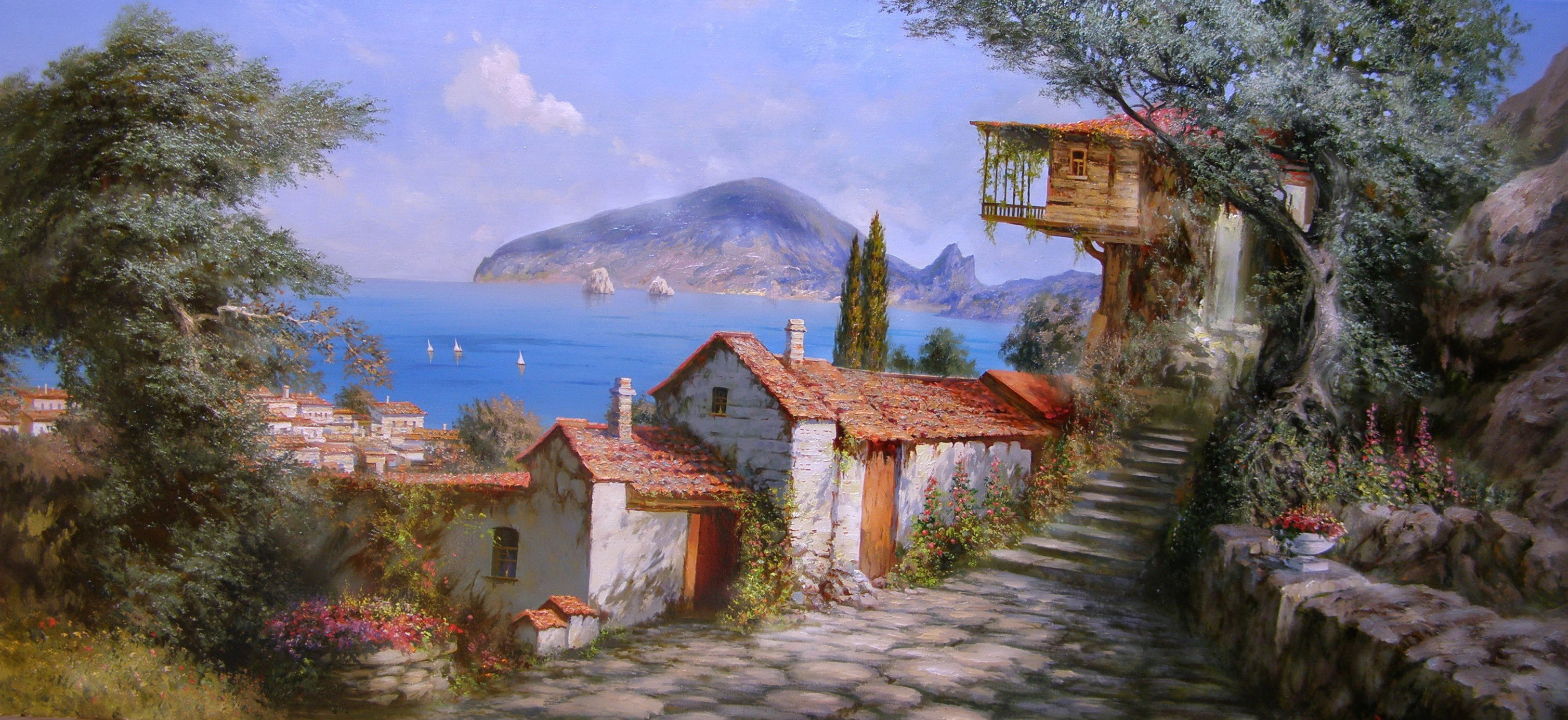Wallpaper, landscape, painting, sky, house, Tourism, bokeh, mount scenery, cottage, tree, home, computer wallpaper, real estate, hacienda, mountain village, HD desktop image, Abstract Background, cool wallpaper, desktop photo, fruit photo, high