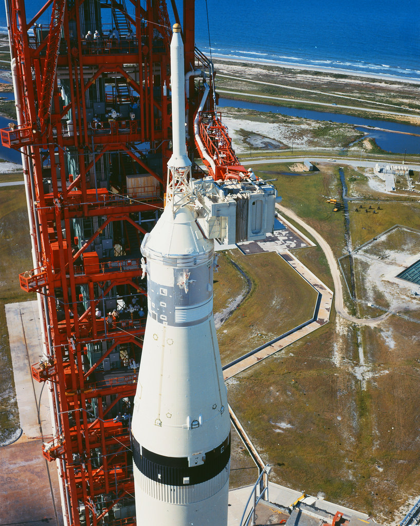 closeup of Apollo 11 Saturn V and spacecraft