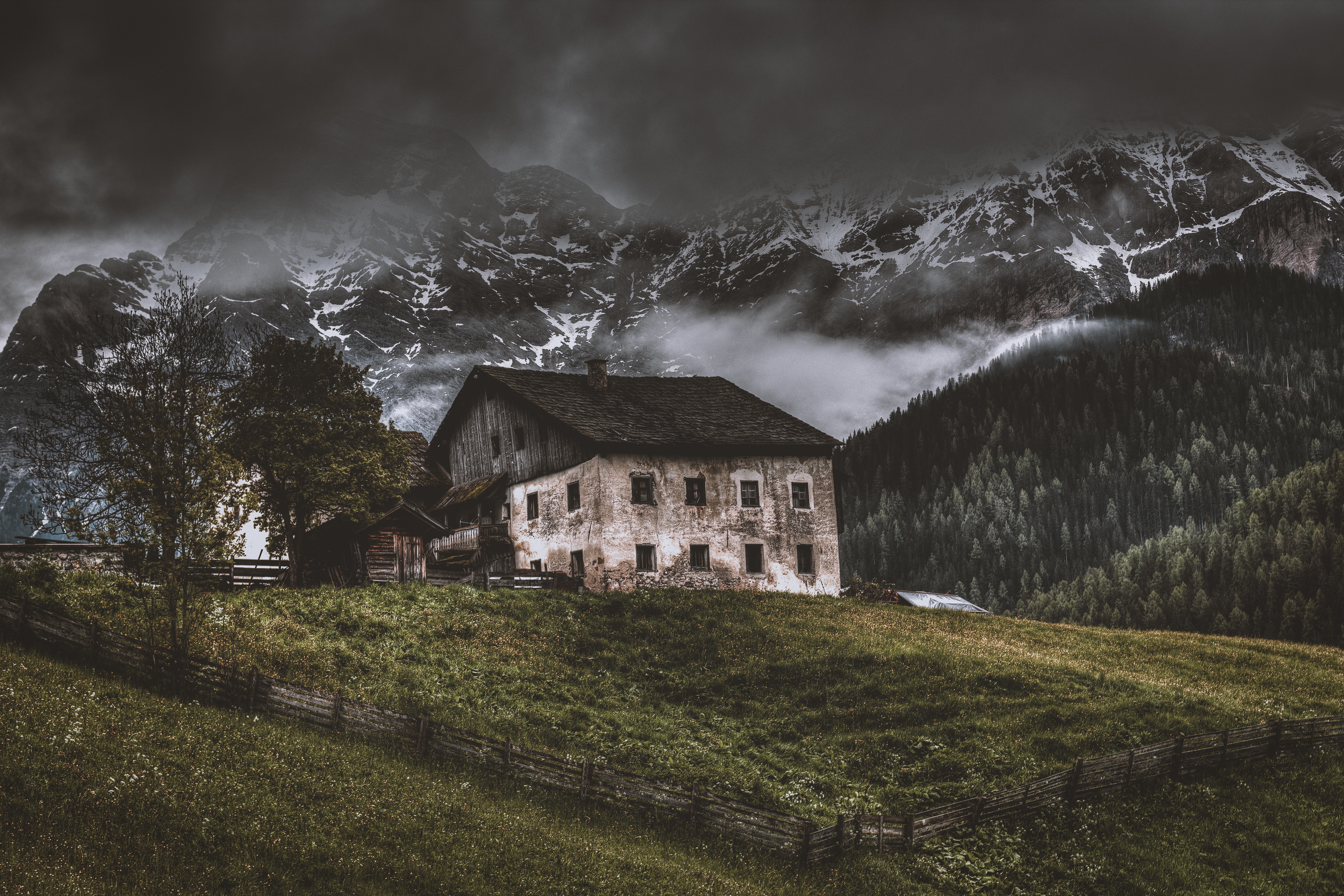 5472x3648 house, cabin, old house, cloudy, storm, building, mountain, green, stone, home, farm, dark, old, cloud, field, PNG image Gallery HD Wallpaper