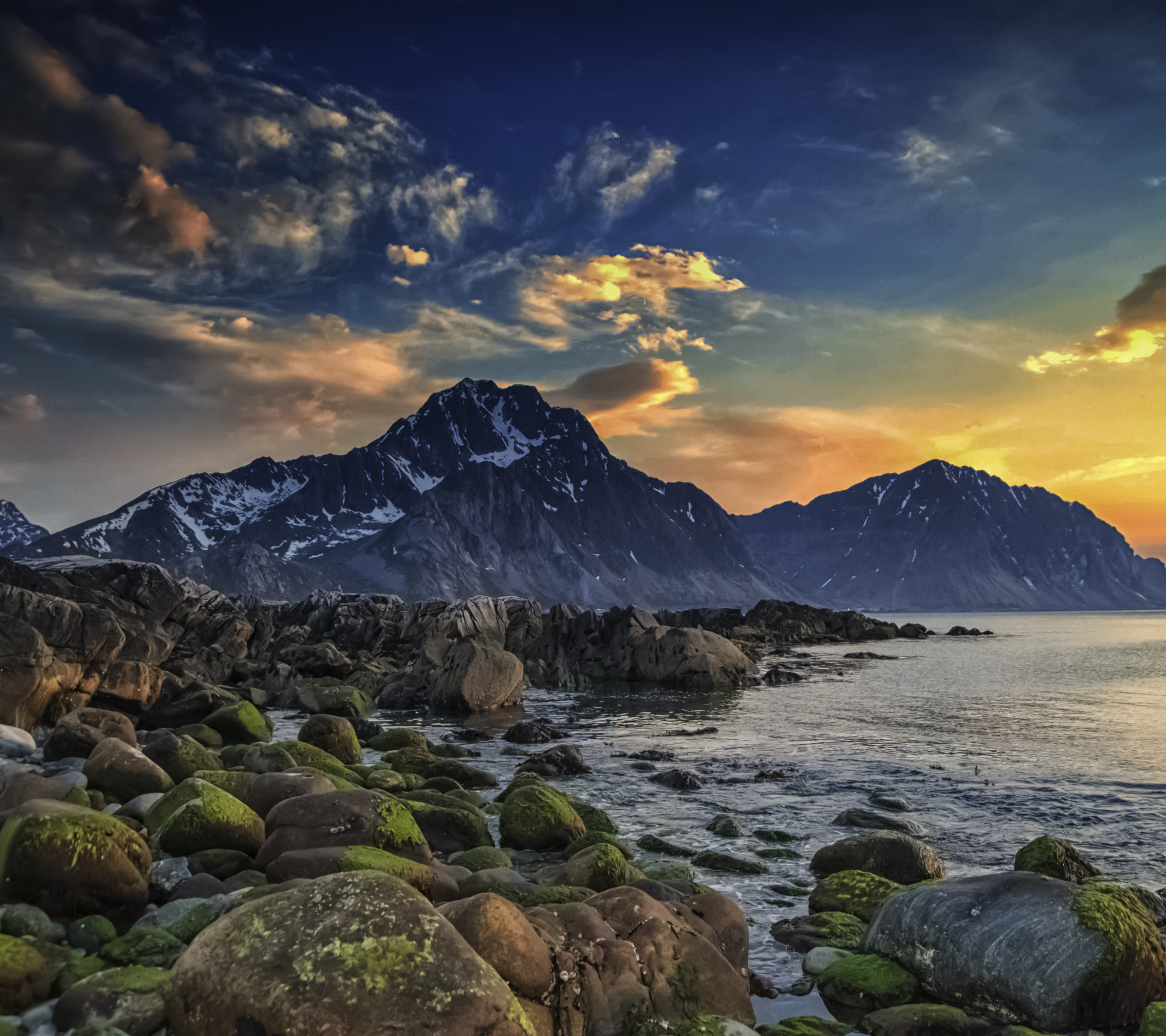 HD desktop wallpaper: Sky, Sea, Mountain, Earth, Arctic, Norway, Spring, Lofoten Islands, Scandinavia, Seashore, Boulder download free picture