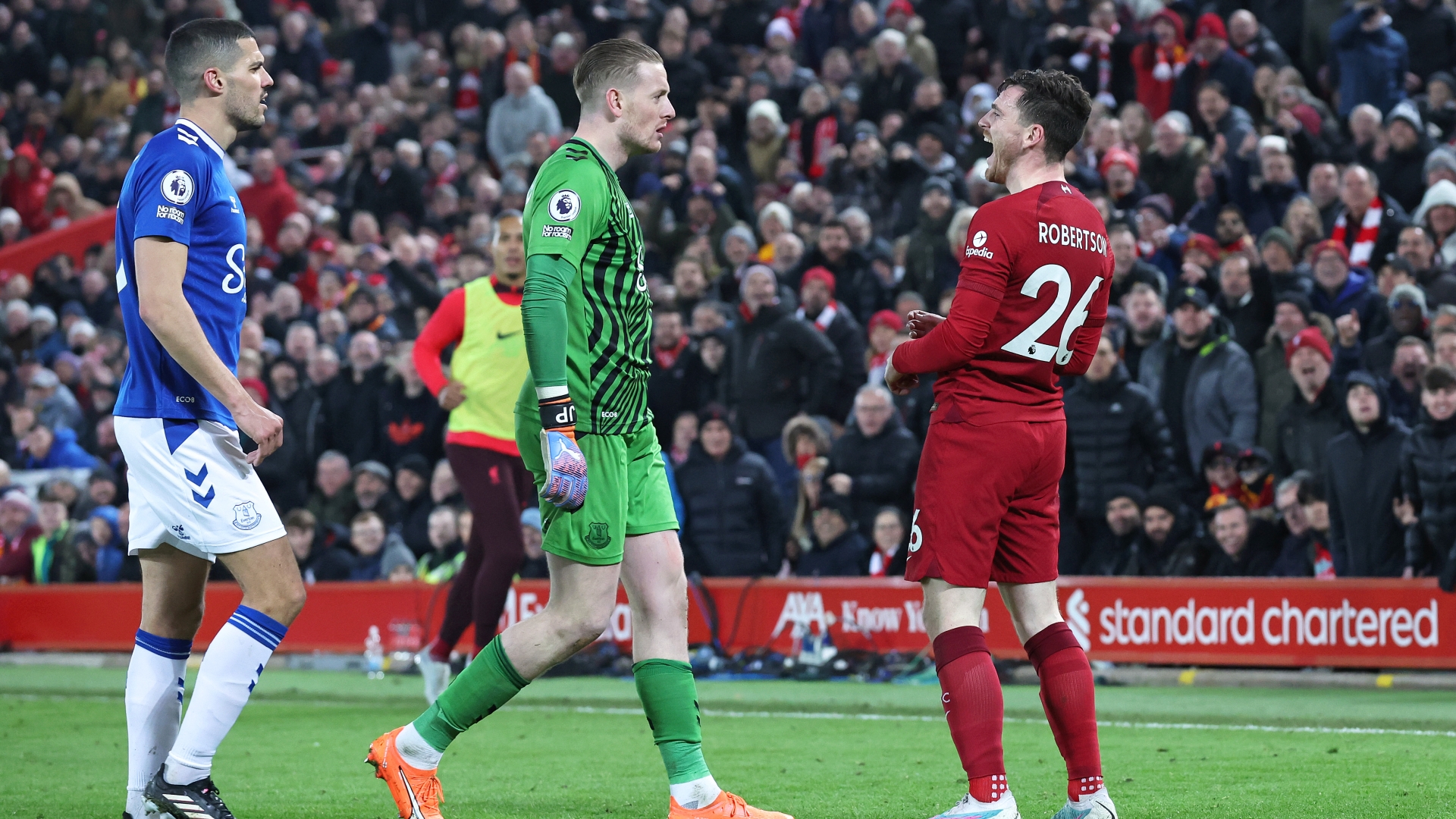 Andy Robertson laughs in Jordan Pickford's face to spark melee tells Everton players and fans 'Liverpool is Red' in Instagram post