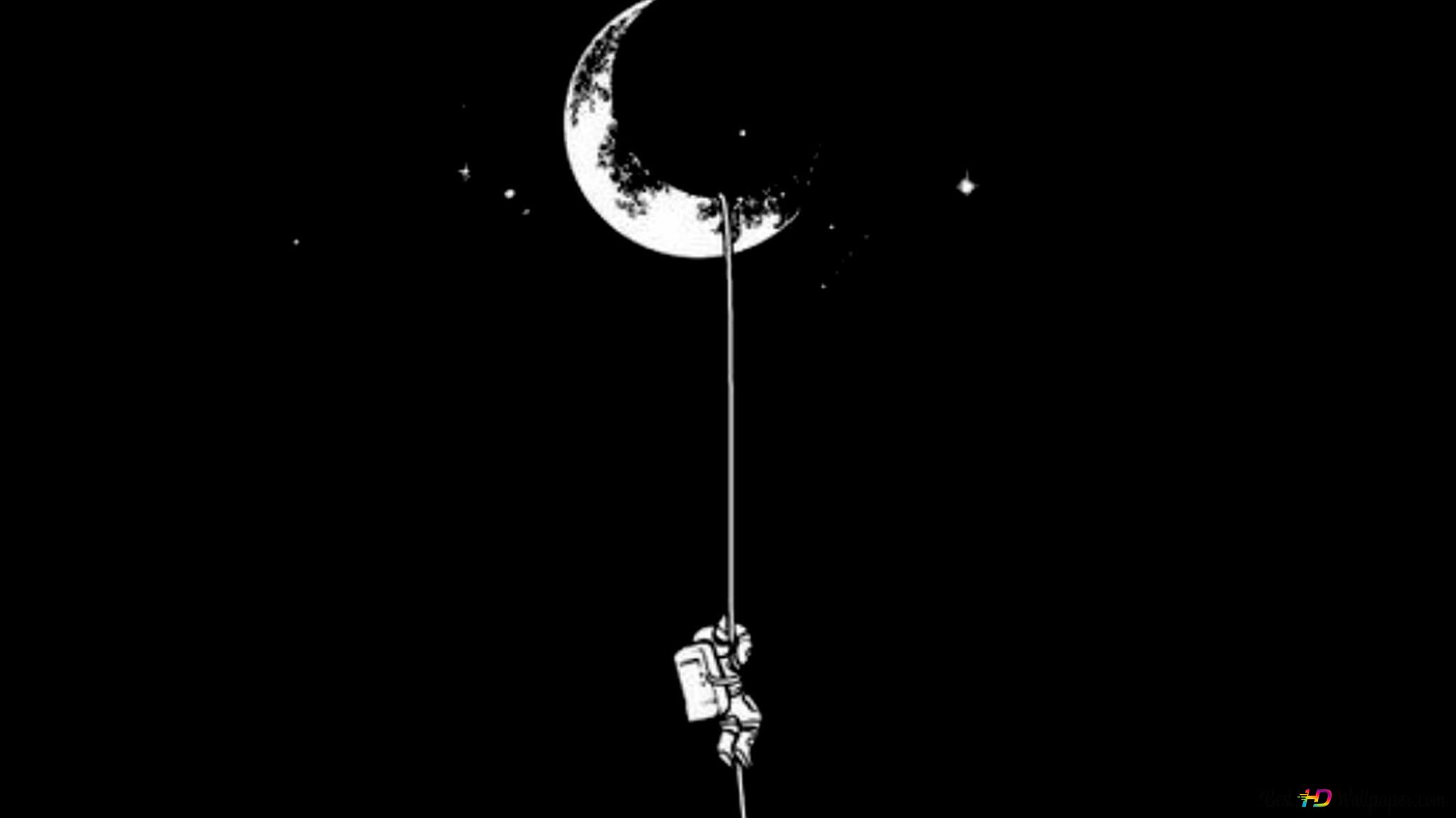 Black and white anime drawing of astronauts climbing half moon on dark background 2K wallpaper download