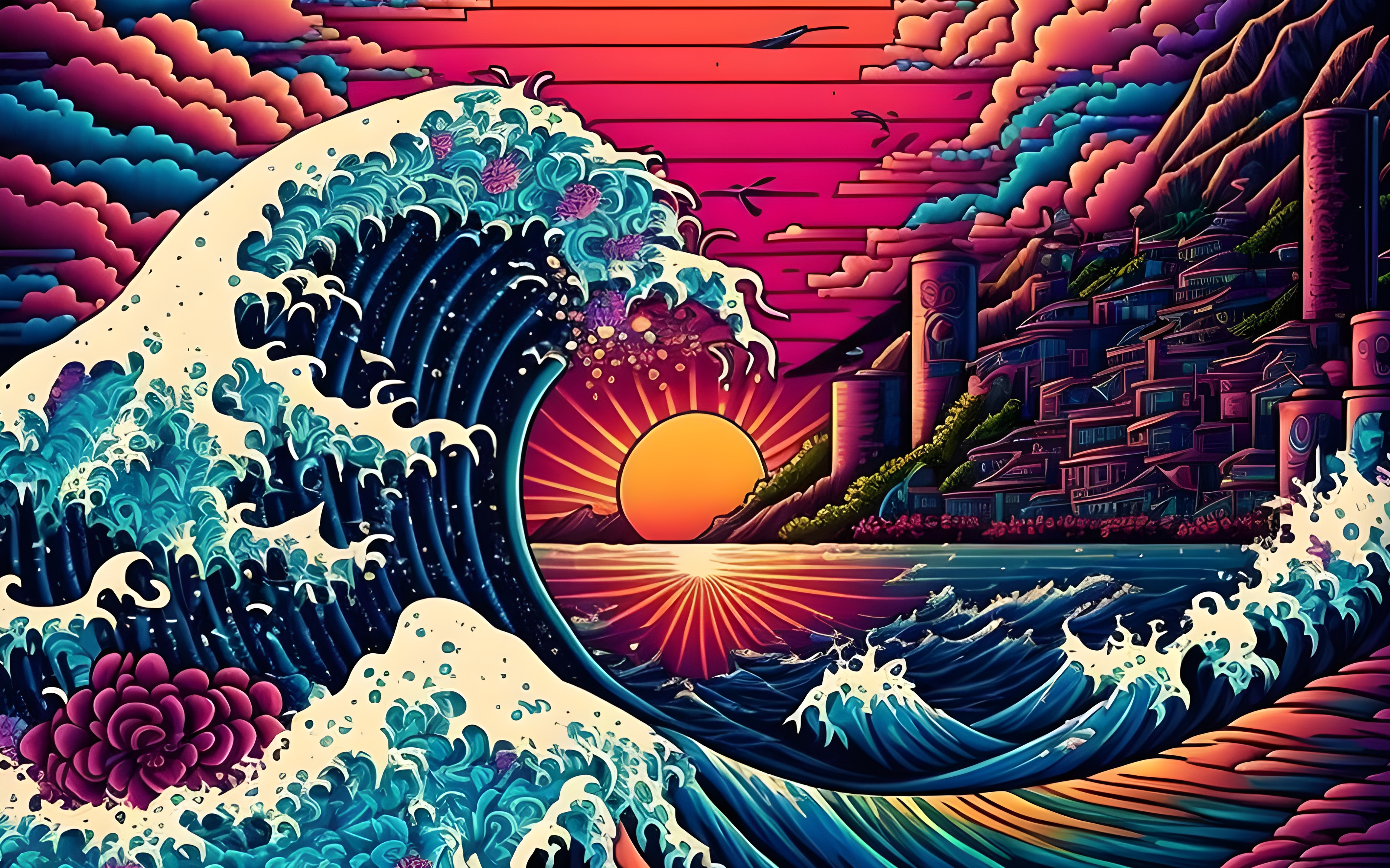 The Great Wave Off Kanagawa Artificial Intelligence 4K Waves Sunset Ai Art Wallpaper:3612x2256