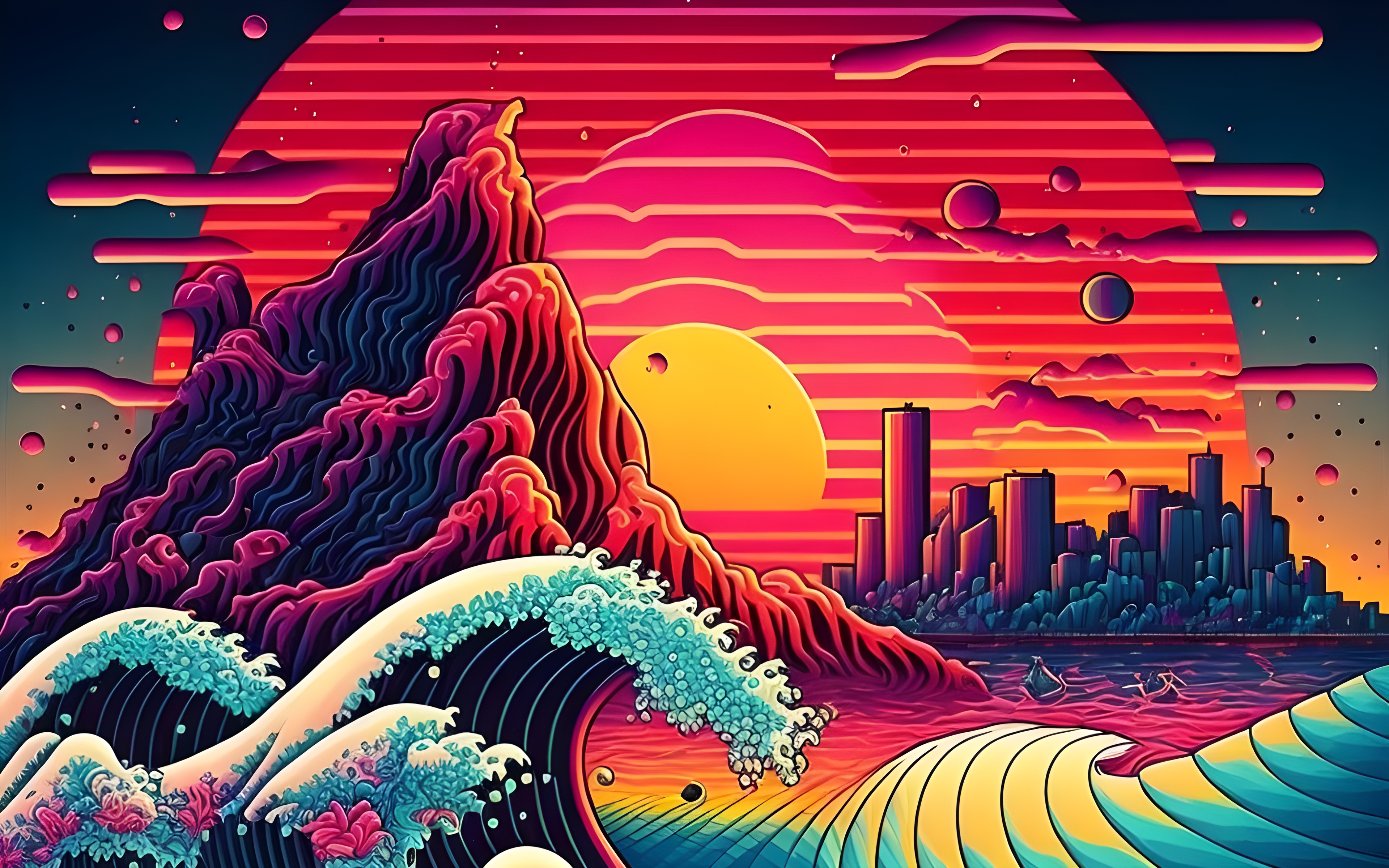 The Great Wave Off Kanagawa Artificial Intelligence 4K Waves Sunset Ai Art Wallpaper:3840x2400