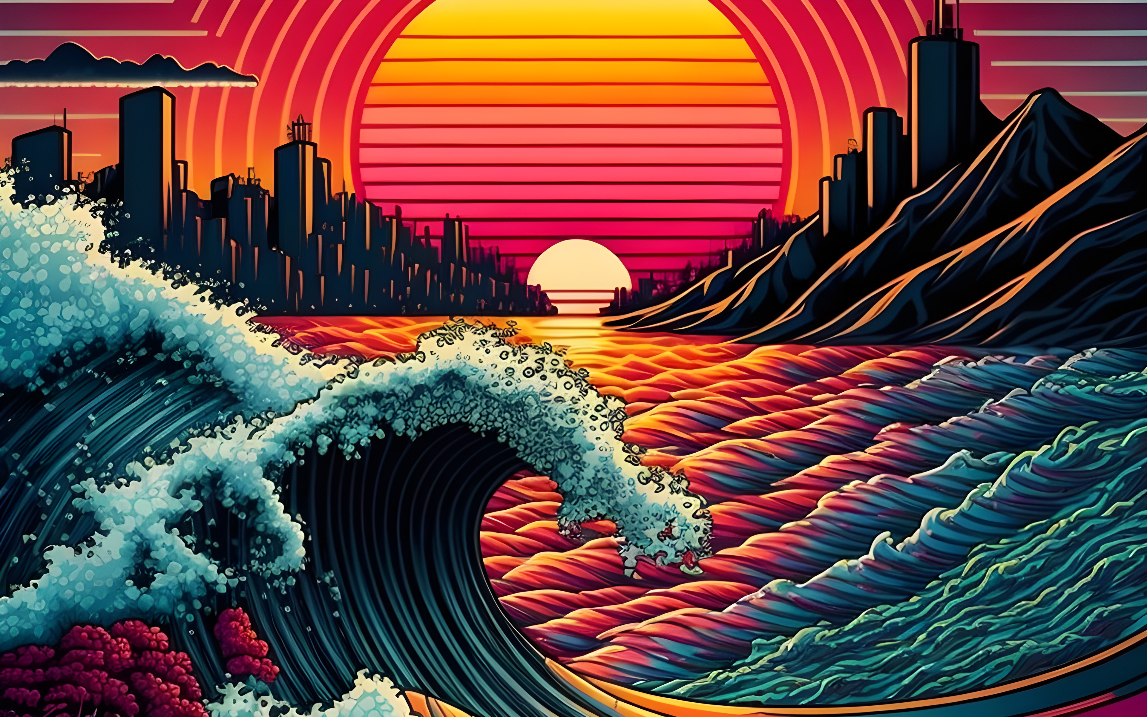 The Great Wave Off Kanagawa Artificial Intelligence 4K Waves Sunset Ai Art Wallpaper:3840x2400