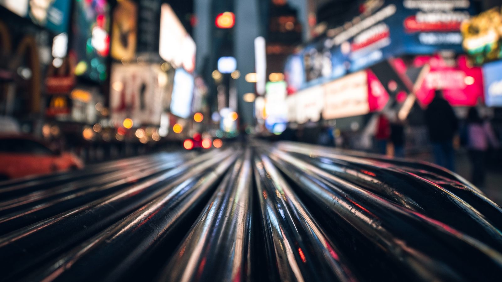 Download wallpaper 1600x900 night city, blur, lights, street, buildings widescreen 16:9 HD background