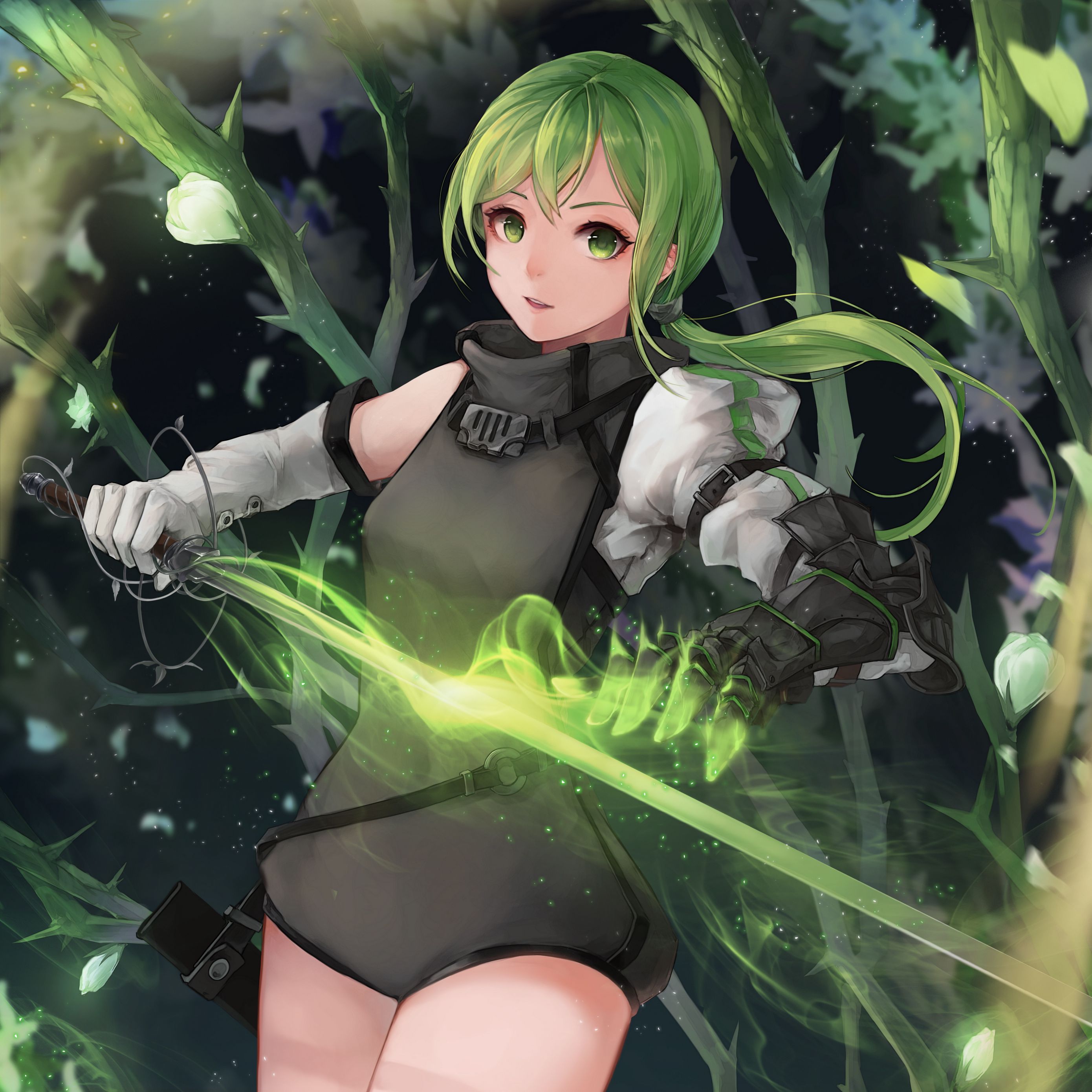 Download wallpaper 2780x2780 girl, nymph, sword, anime, art, green ipad air, ipad air 2, ipad 3, ipad 4, ipad mini 2, ipad mini 3, ipad mini 4, ipad pro 9.7 for parallax HD background
