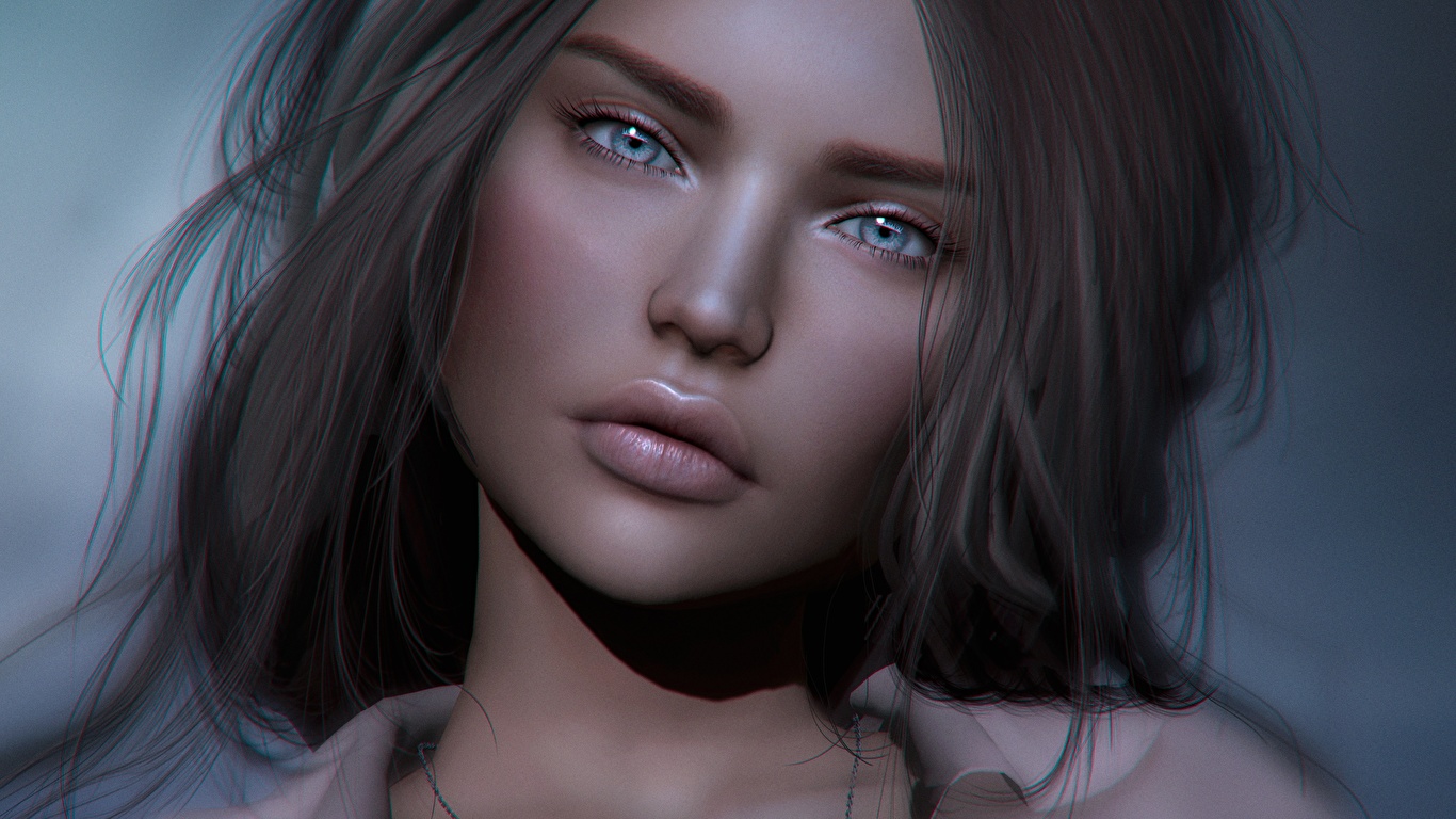 Desktop Wallpaper Beautiful Face Girls 3D Graphics Staring 1366x768