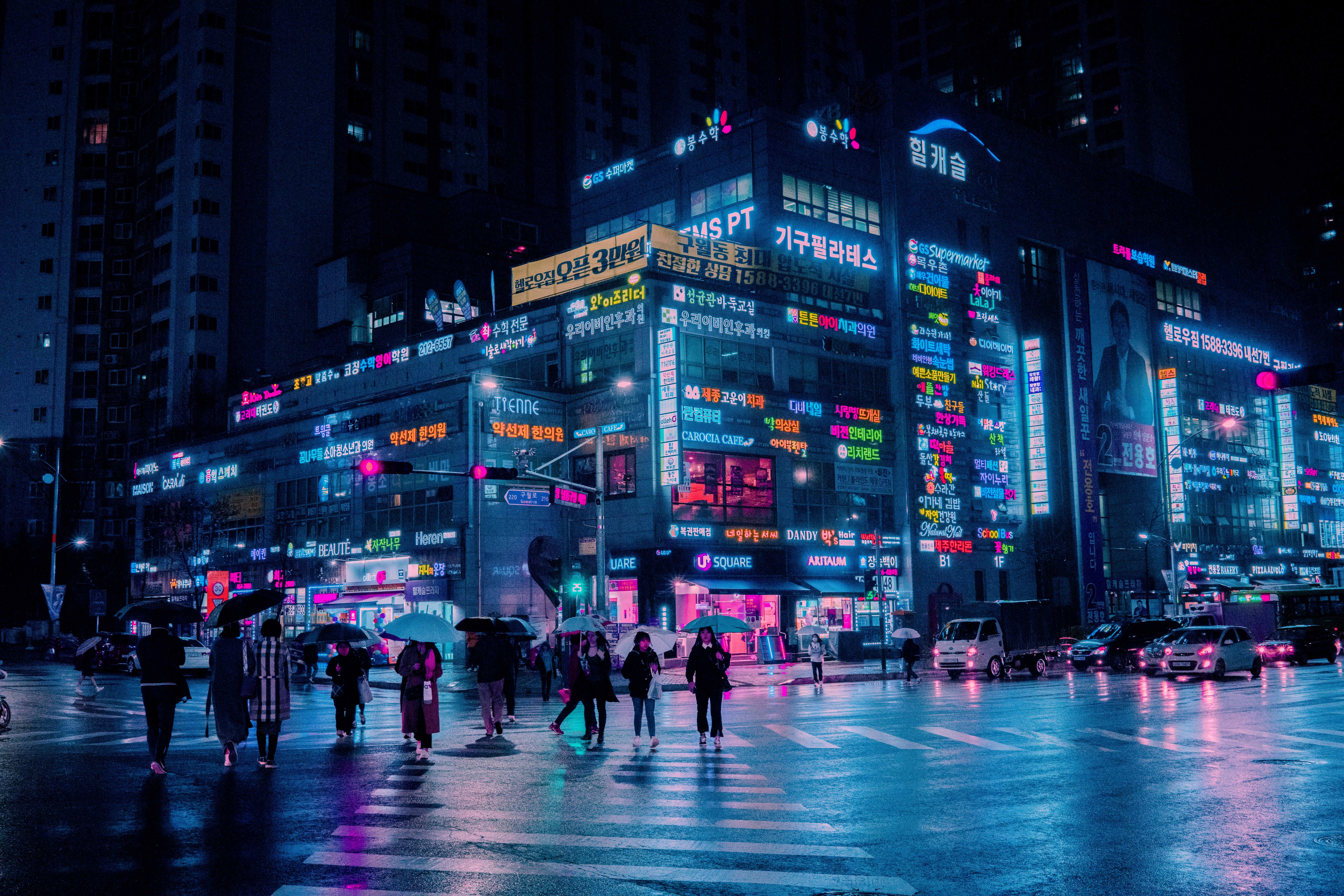 7952x5304 street view, raining, pc wallpaper, mac wallpaper, night, wallpaper, rain, neon, Free image, cyberpunk, korea, seoul, HD wallpaper, night time Gallery HD Wallpaper
